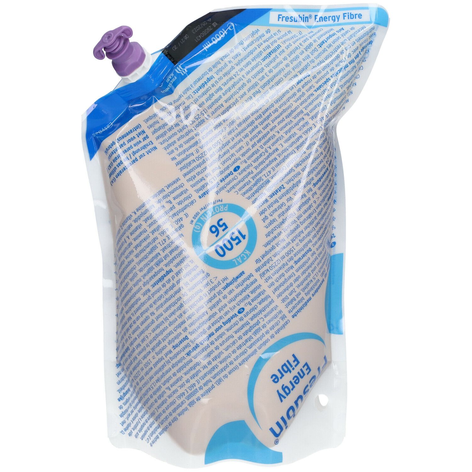 Sachet Fresubin Energy Fibre. Emballage transparent. Bouchon violet. Impression: 1500 ml, 56.