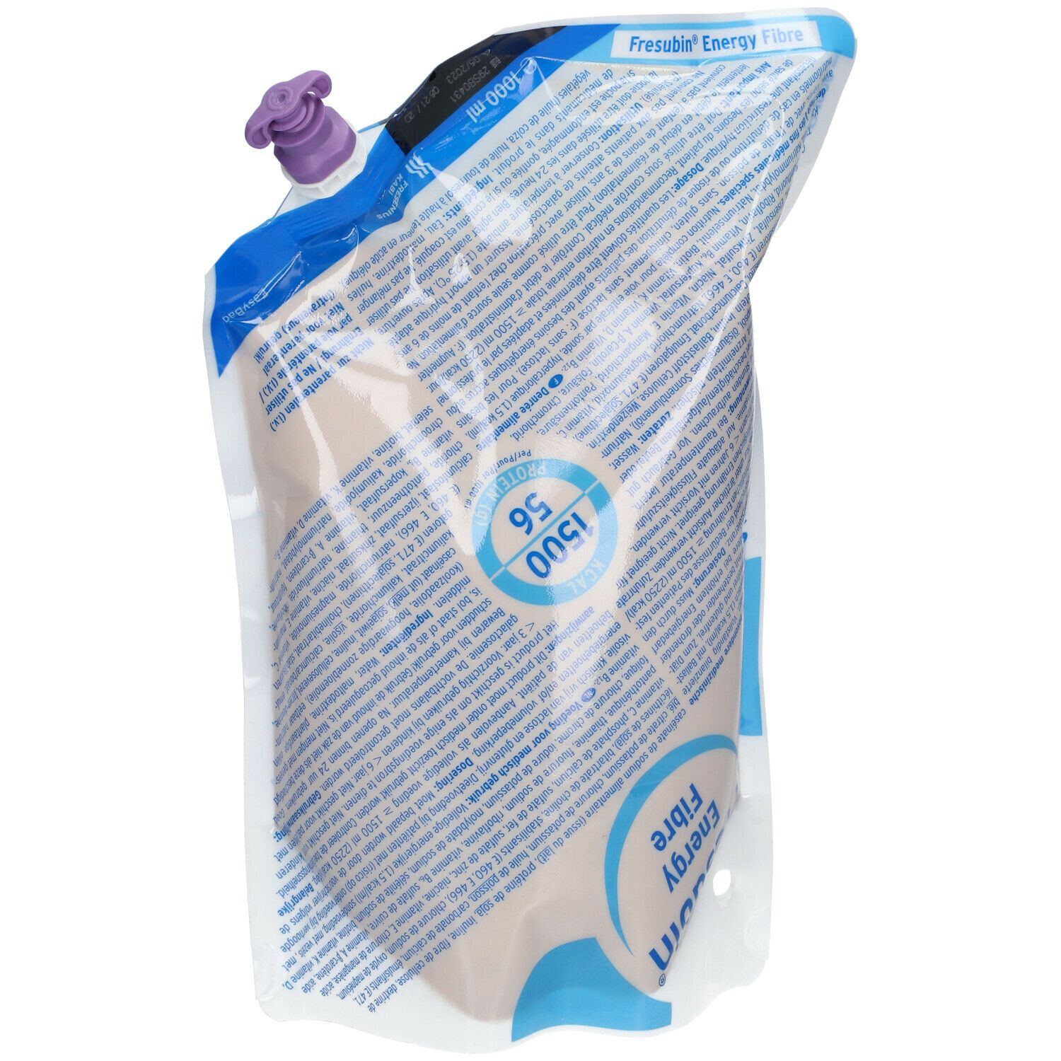 Sachet Fresubin Energy Fibre. Emballage transparent. Bouchon violet. Impression: 1500 ml, 56.