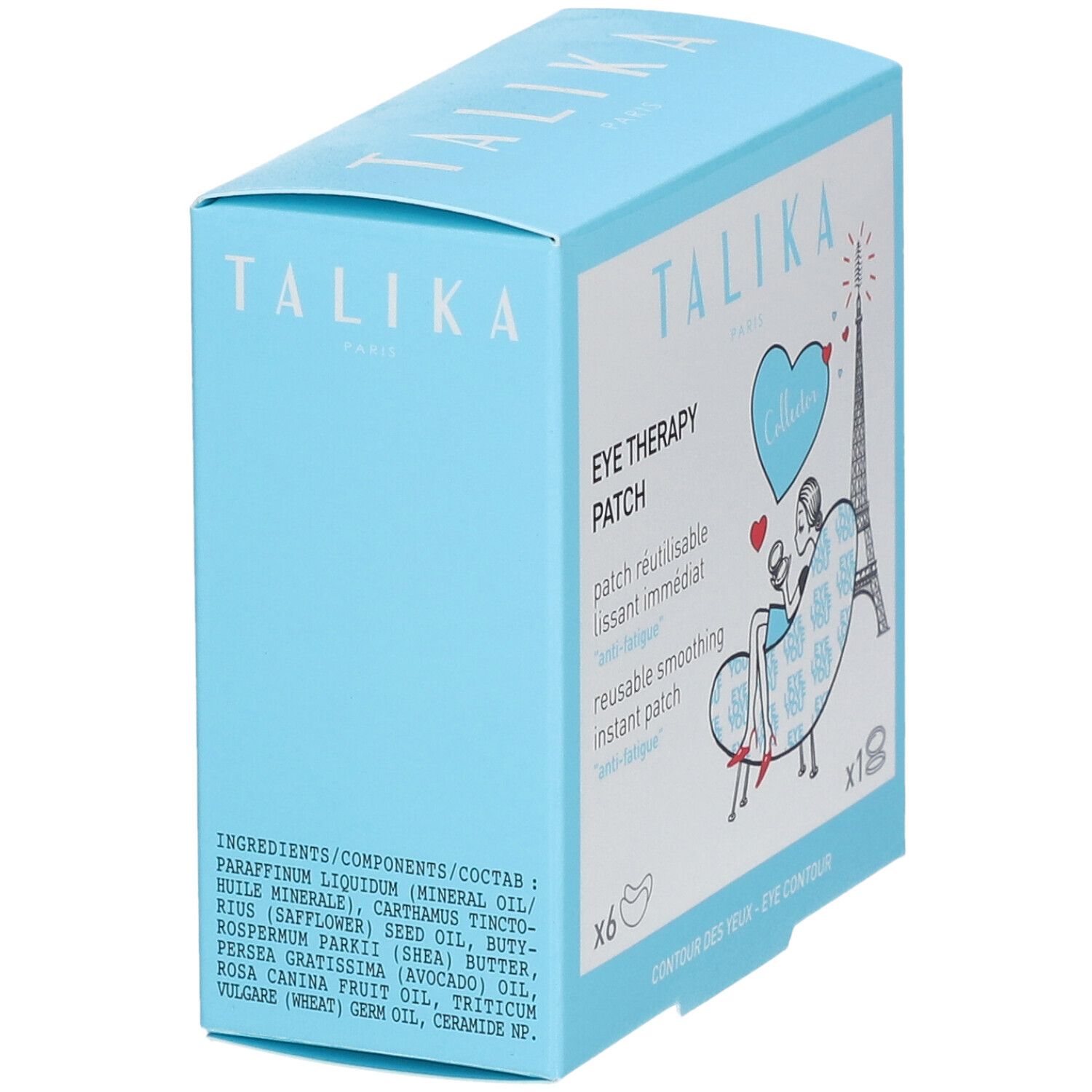 Lichtblauwe verpakking met TALIKA-logo. Ingrediënten zichtbaar. Bevat 6 patches en 18 ringen.