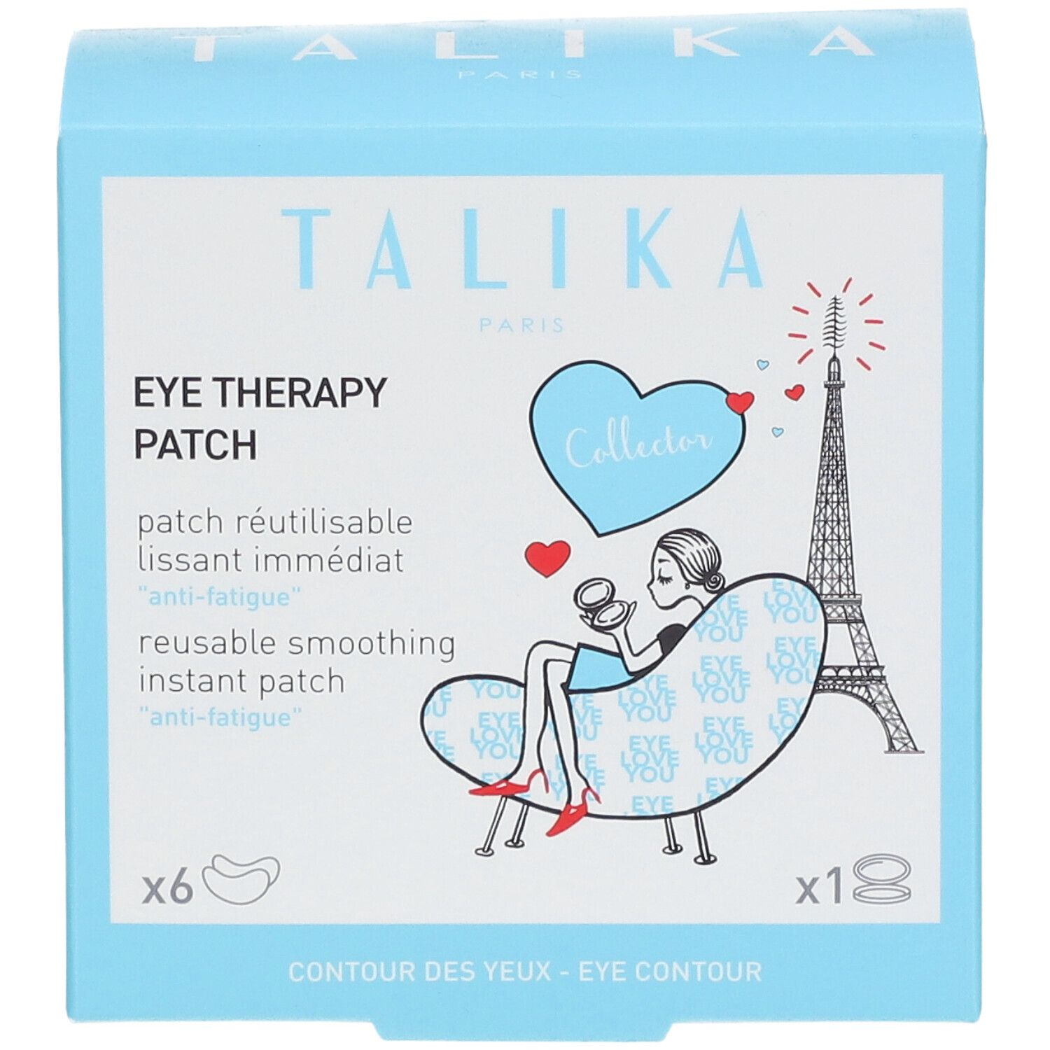 Lichtblauwe verpakking met TALIKA-logo en productnaam. Illustratie van vrouw, Eiffeltoren en hart. Bevat 6 patches.