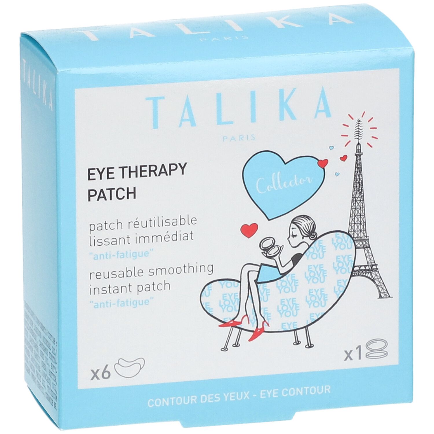 Lichtblauwe verpakking met TALIKA-logo en productnaam. Illustratie van vrouw, Eiffeltoren en hart. Bevat 6 patches.