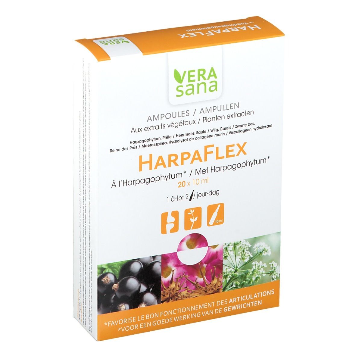 Boîte de Vera sana HarpaFlex®. Contient des ampoules. Face avant avec nom du produit, logo et ingrédients.