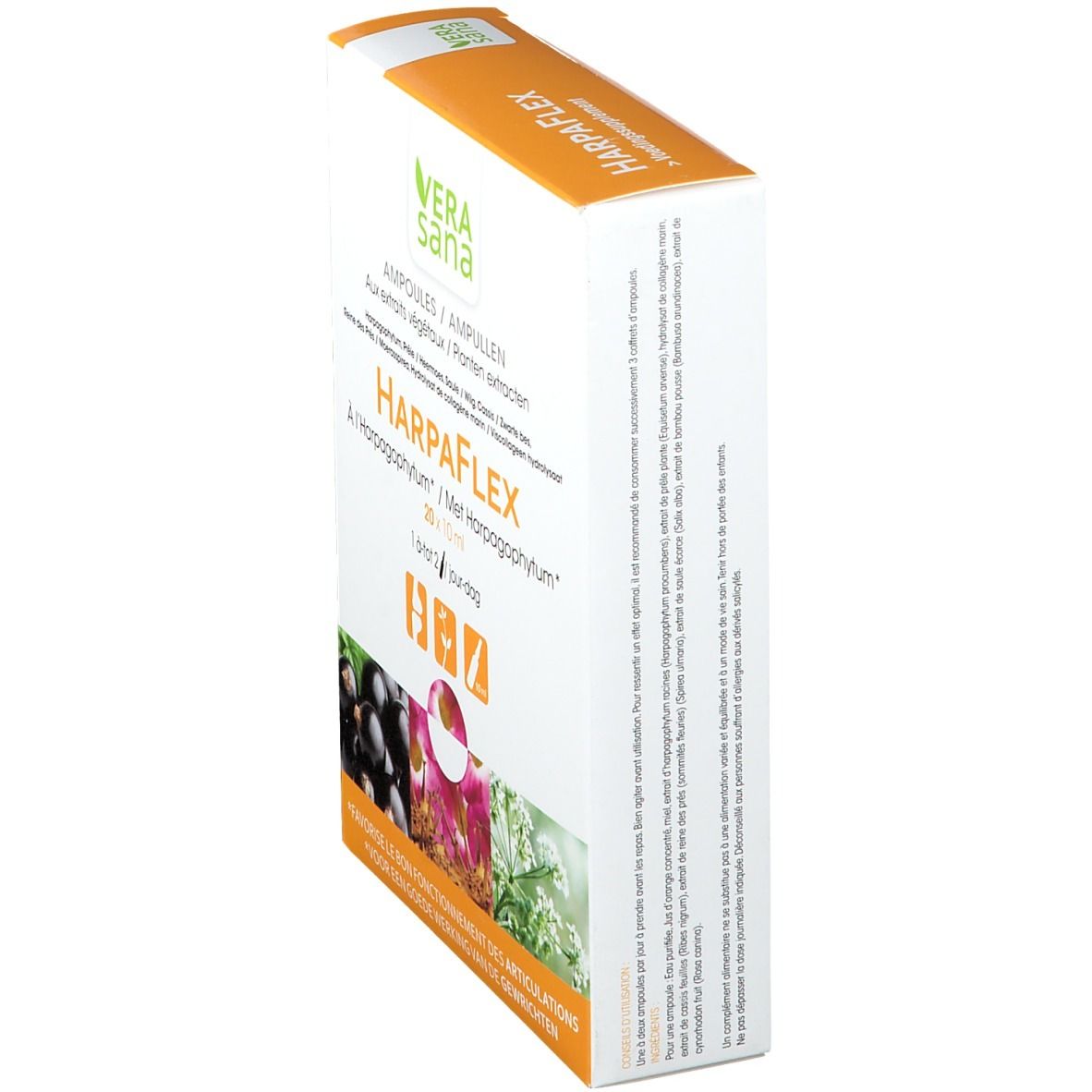 Boîte Vera sana HarpaFlex®. Vue latérale. Nom et logo du produit visibles. Texte multilingue.