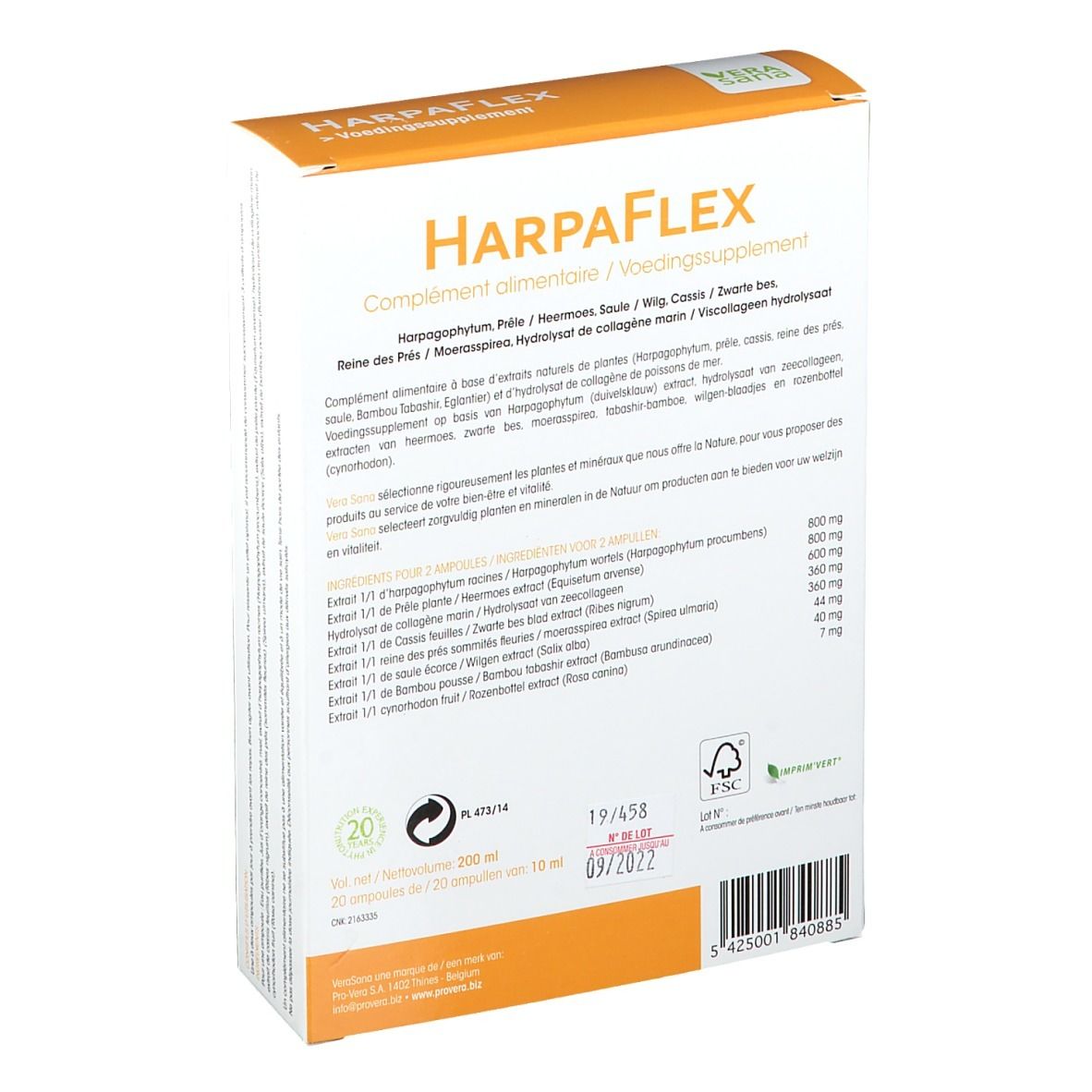 Dos de la boîte Vera sana HarpaFlex®. Contient la liste des ingrédients et d'autres informations.