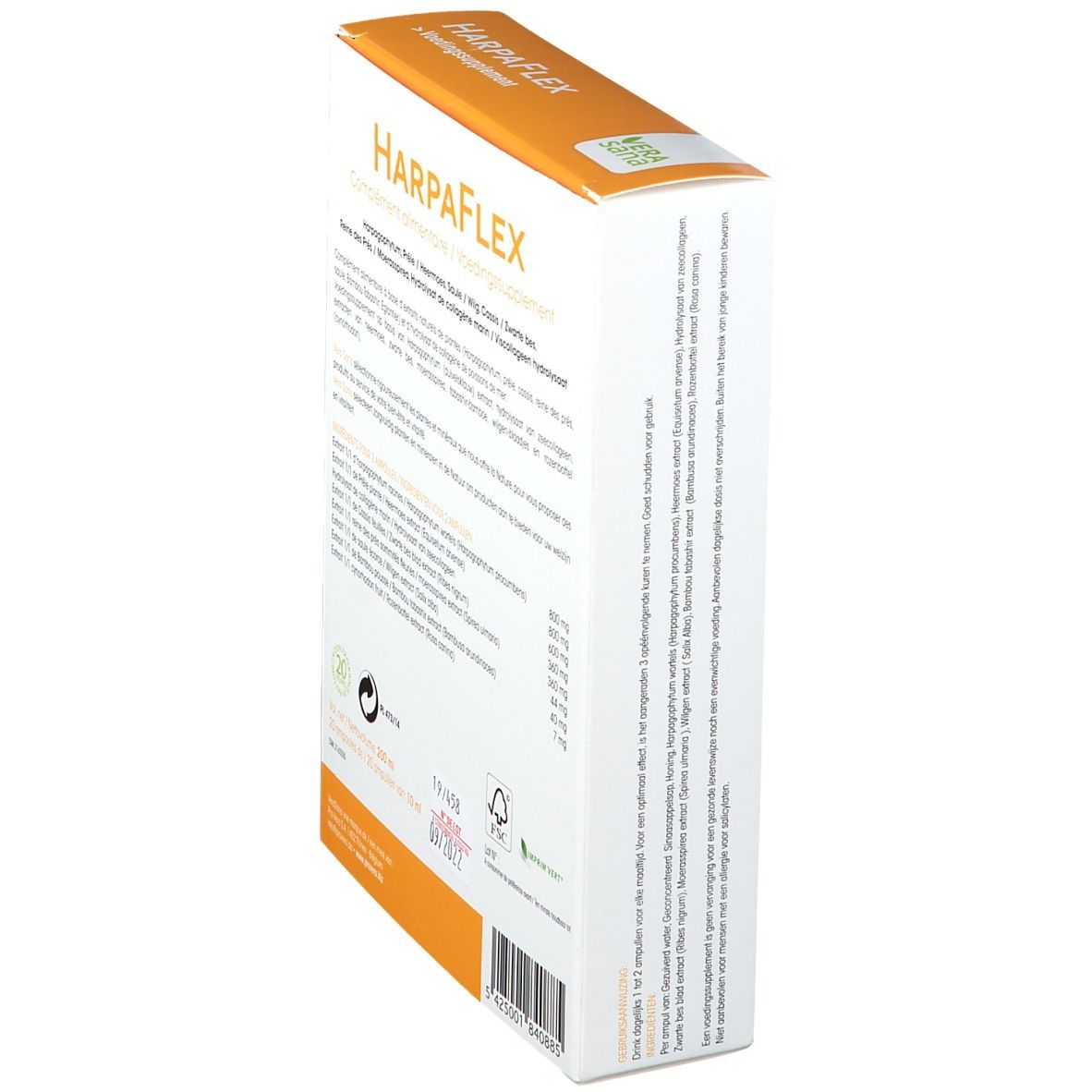 Boîte Vera sana HarpaFlex®. Vue latérale avec liste des ingrédients et autres informations.