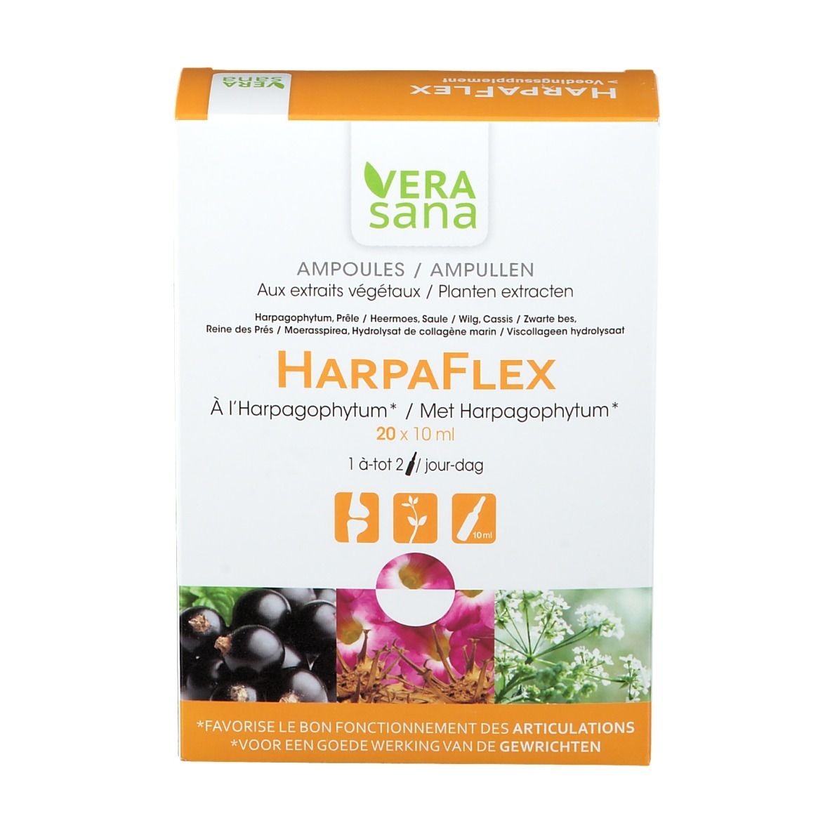 Boîte Vera sana HarpaFlex®. Vue de face avec nom du produit, logo et ingrédients.