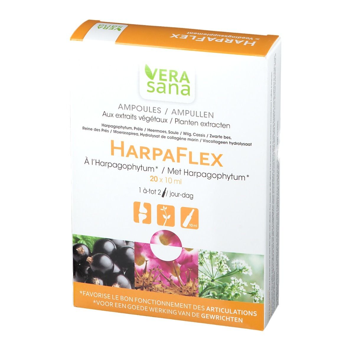 Boîte Vera sana HarpaFlex®. Vue de face avec nom du produit, logo et ingrédients.
