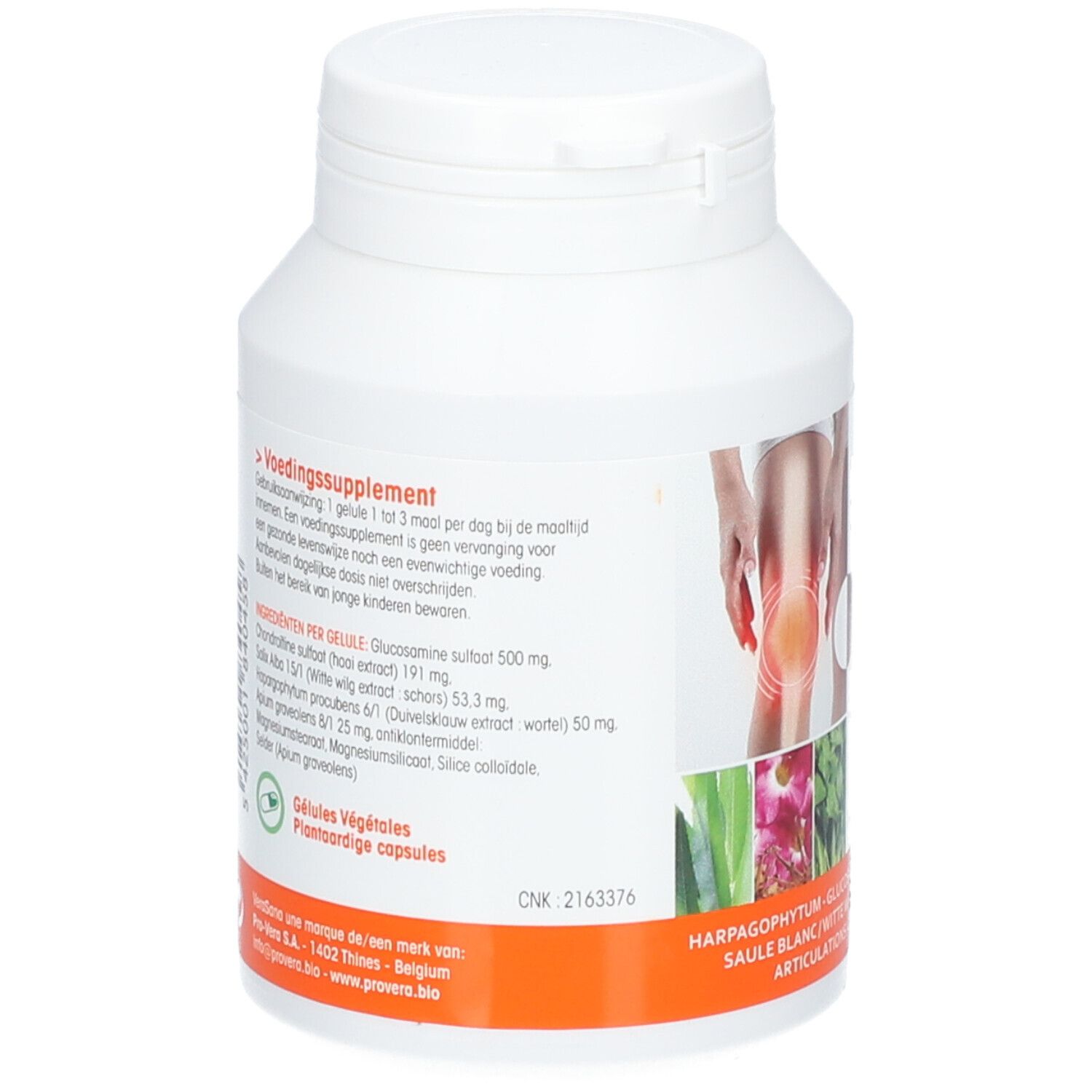 Achterkant van een witte fles met capsules. Opschrift: Ingrediënten per capsule. Illustratie van een knie. CNK-nummer. Fabrikant informatie.