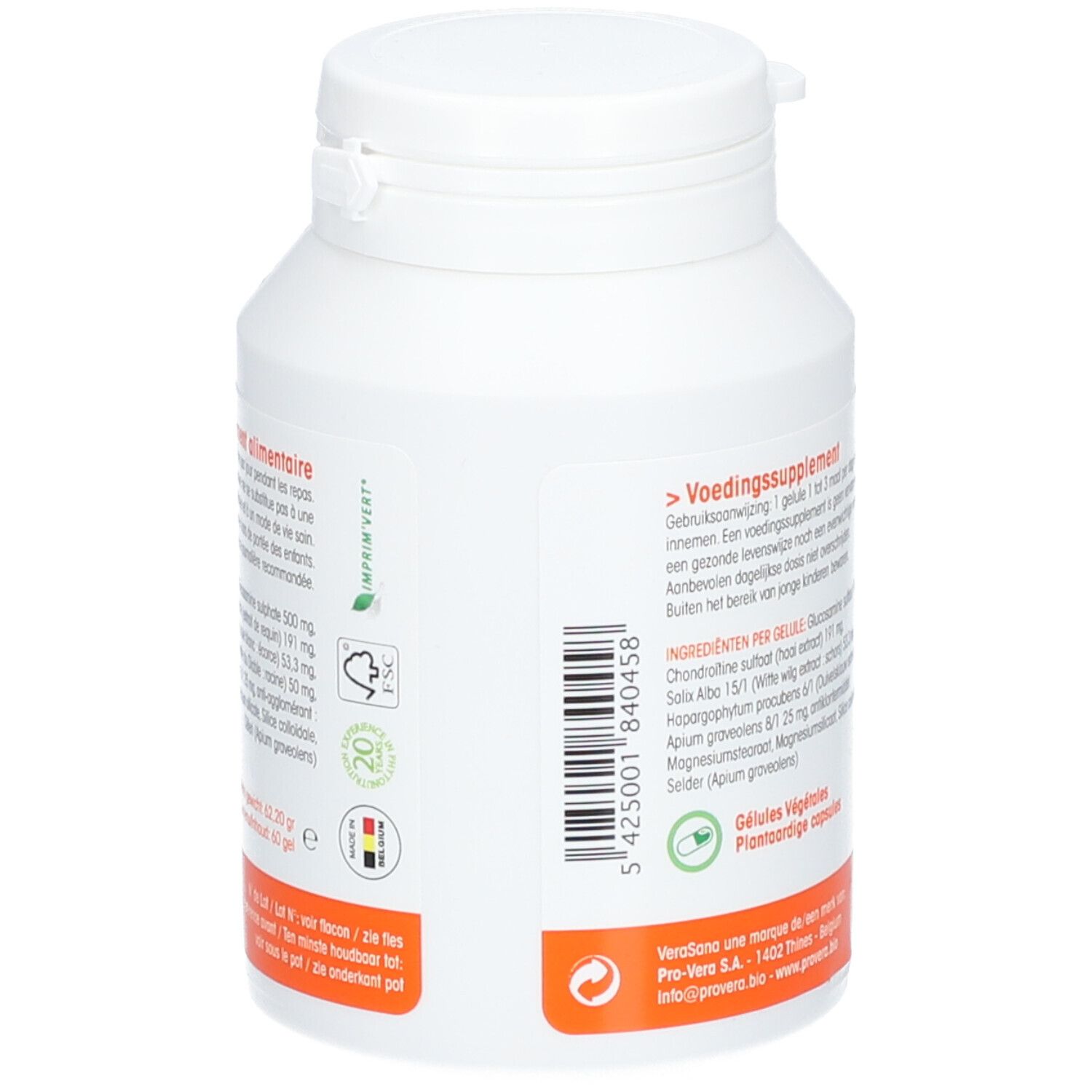 Achterkant van een witte fles met capsules. Opschrift: Gebruiksaanwijzing, ingrediënten. Milieukeurmerken. Fabrikant informatie.