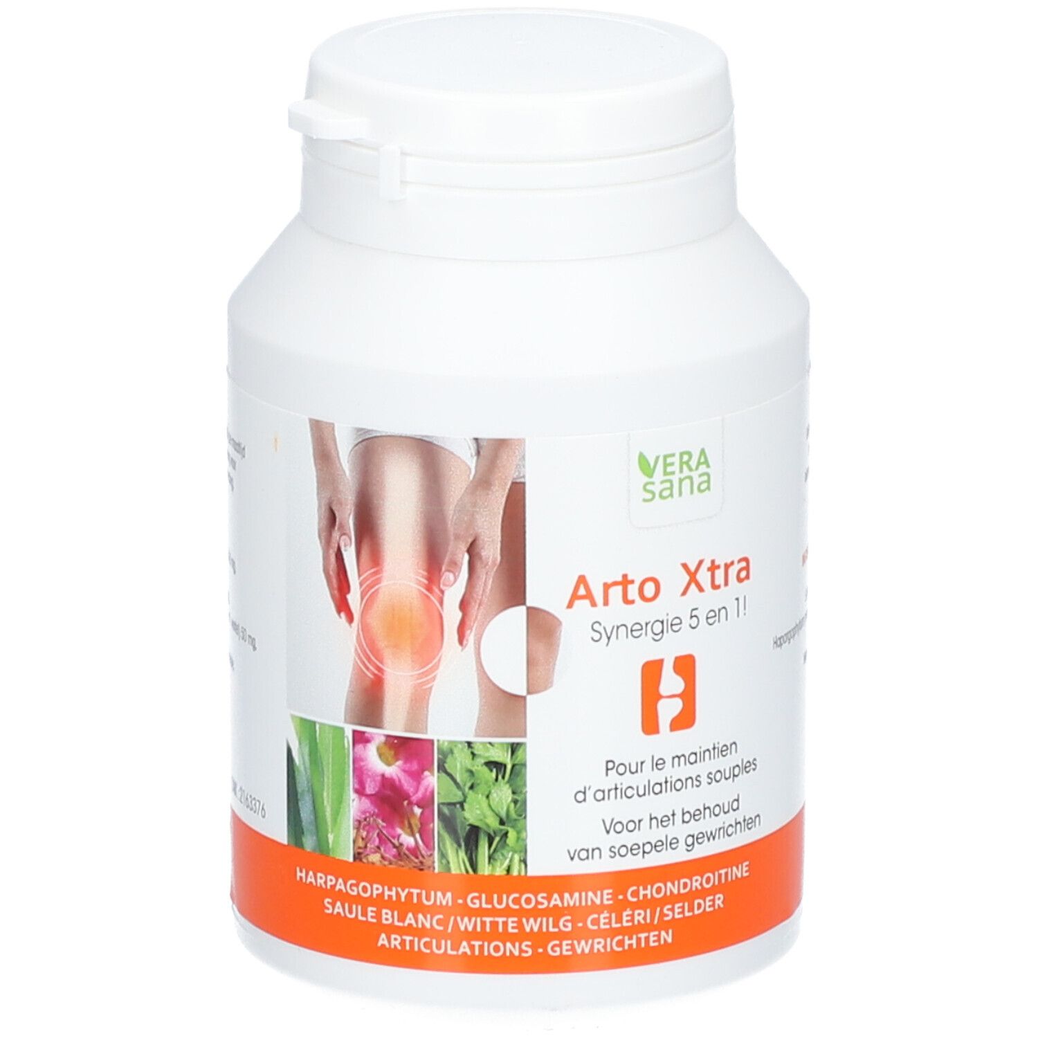 Witte fles met capsules. Opschrift: Arto Xtra, Vera Sana. Illustratie van een knie. Ingrediënten: Glucosamine, Chondroïtine, Witte wilg.