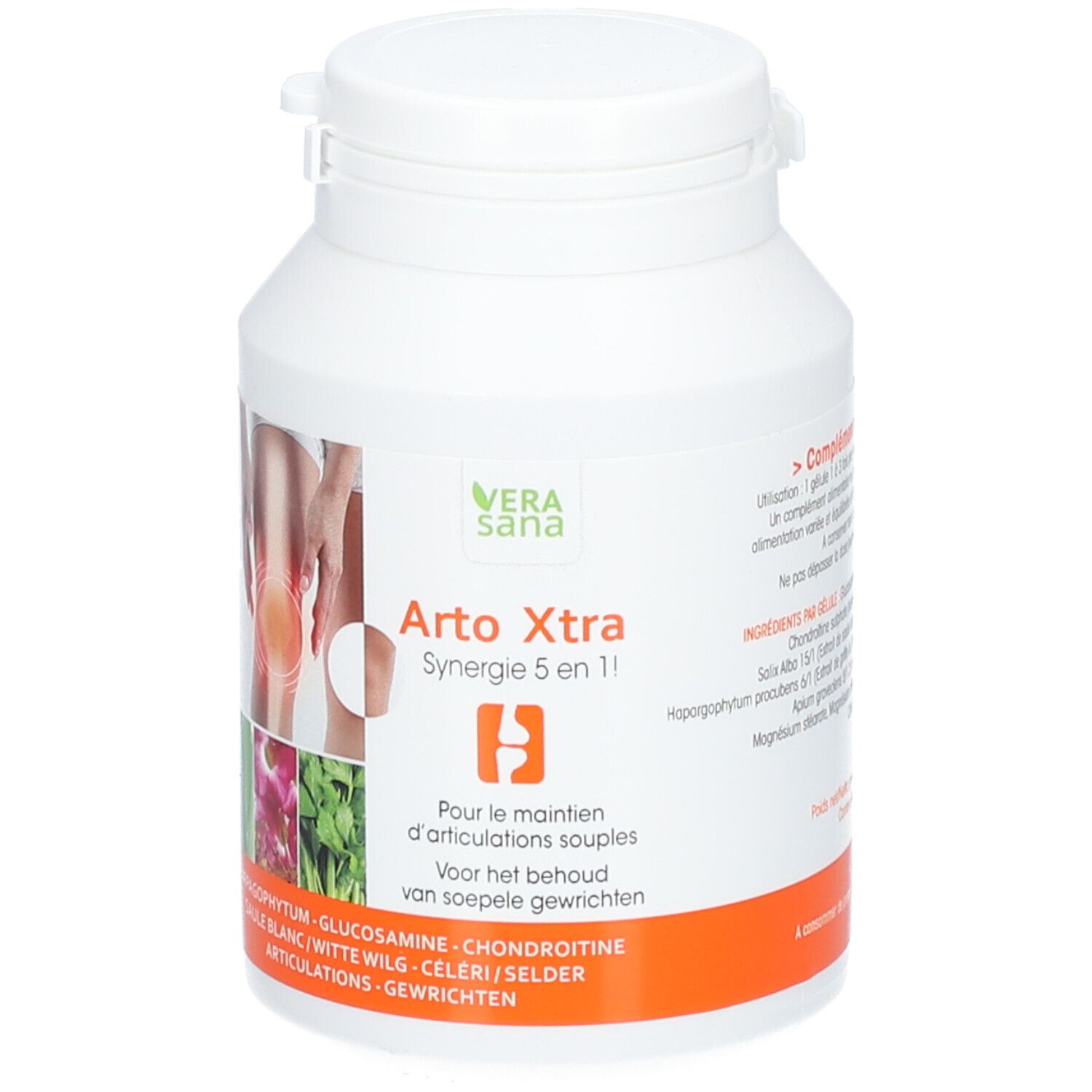 Witte fles met capsules. Opschrift: Arto Xtra, Vera Sana. Illustratie van een knie. Ingrediënten: Glucosamine, Chondroïtine, Witte wilg.