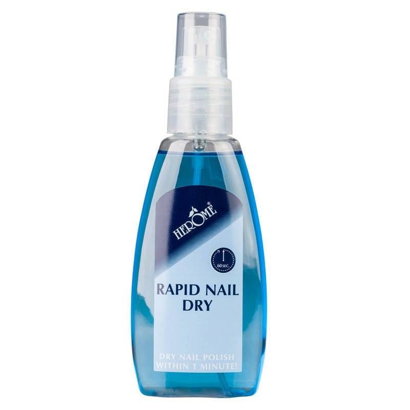 Blauwe sprayfles met transparante sproeikop. Etiket met "Rapid Nail Dry" en "HERÔME".