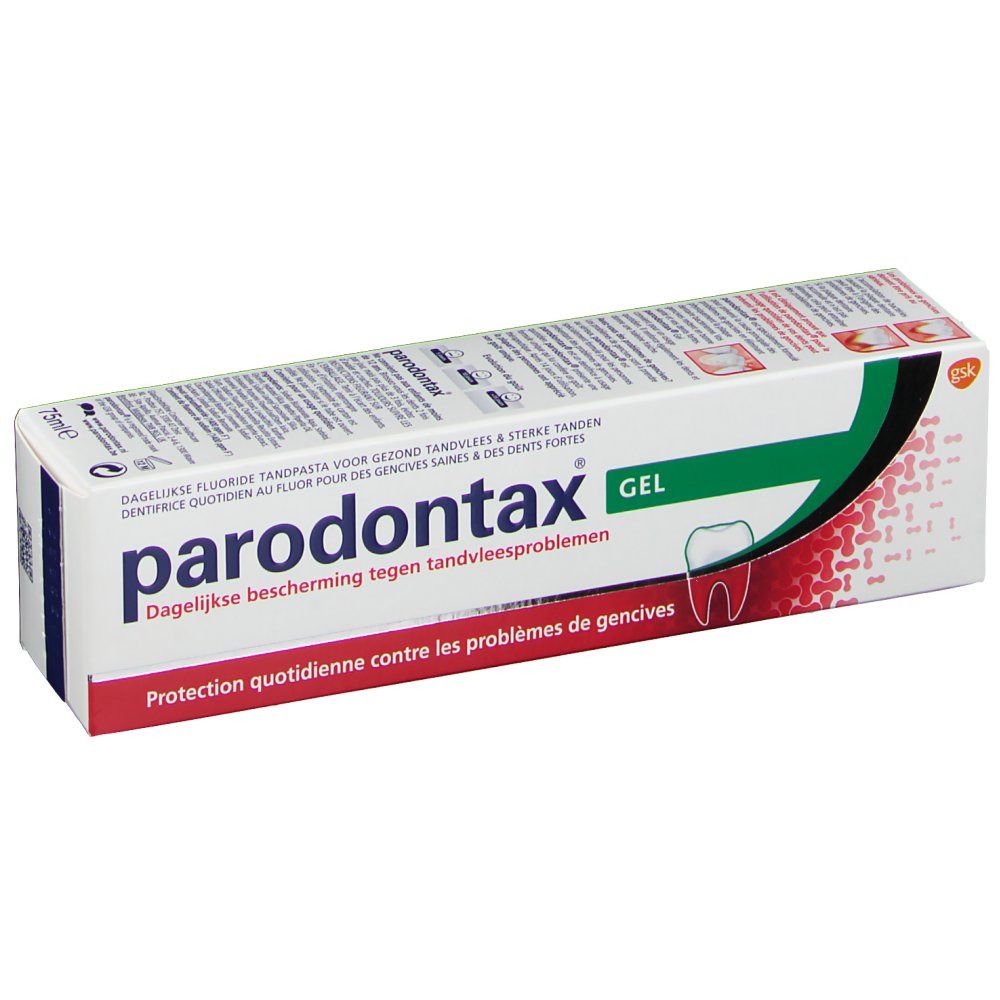 Verpakking van Parodontax Gel tandpasta. Meertalige tekst. Wit, groen en rood ontwerp. Tandlogo.