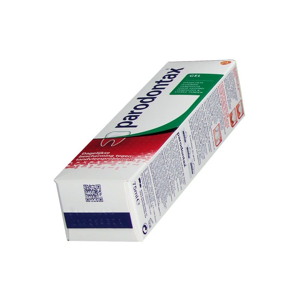 Schuine bovenaanzicht van Parodontax Gel tandpasta verpakking. Naam en logo zichtbaar.