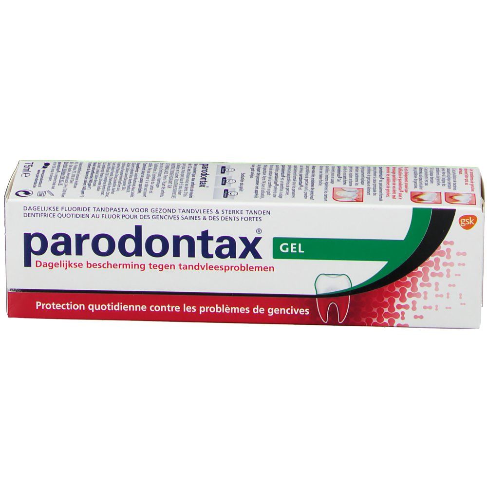 Verpakking van Parodontax Gel tandpasta. Meertalige tekst. Wit, groen en rood ontwerp. Tandlogo.