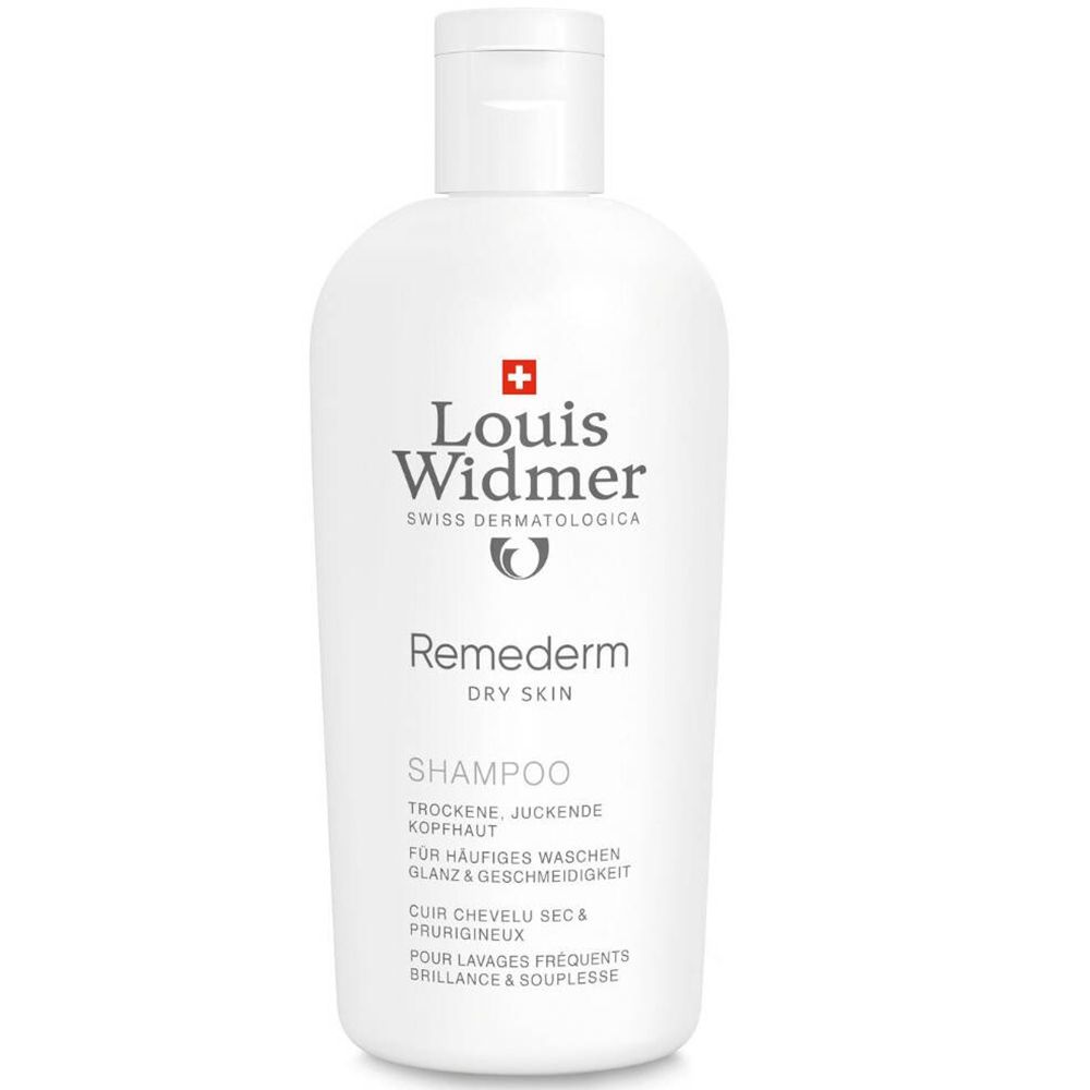 Flacon blanc de shampooing Louis Widmer Remederm. Pour cuir chevelu sec et prurigineux. Dermatologique suisse.