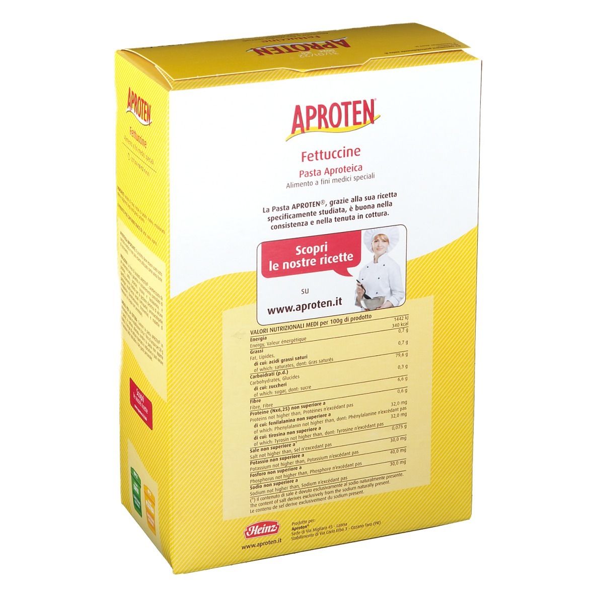 Rückseite der gelben Kartonverpackung mit APROTEN Fettuccine. Nährwertangaben und Produktinformationen.