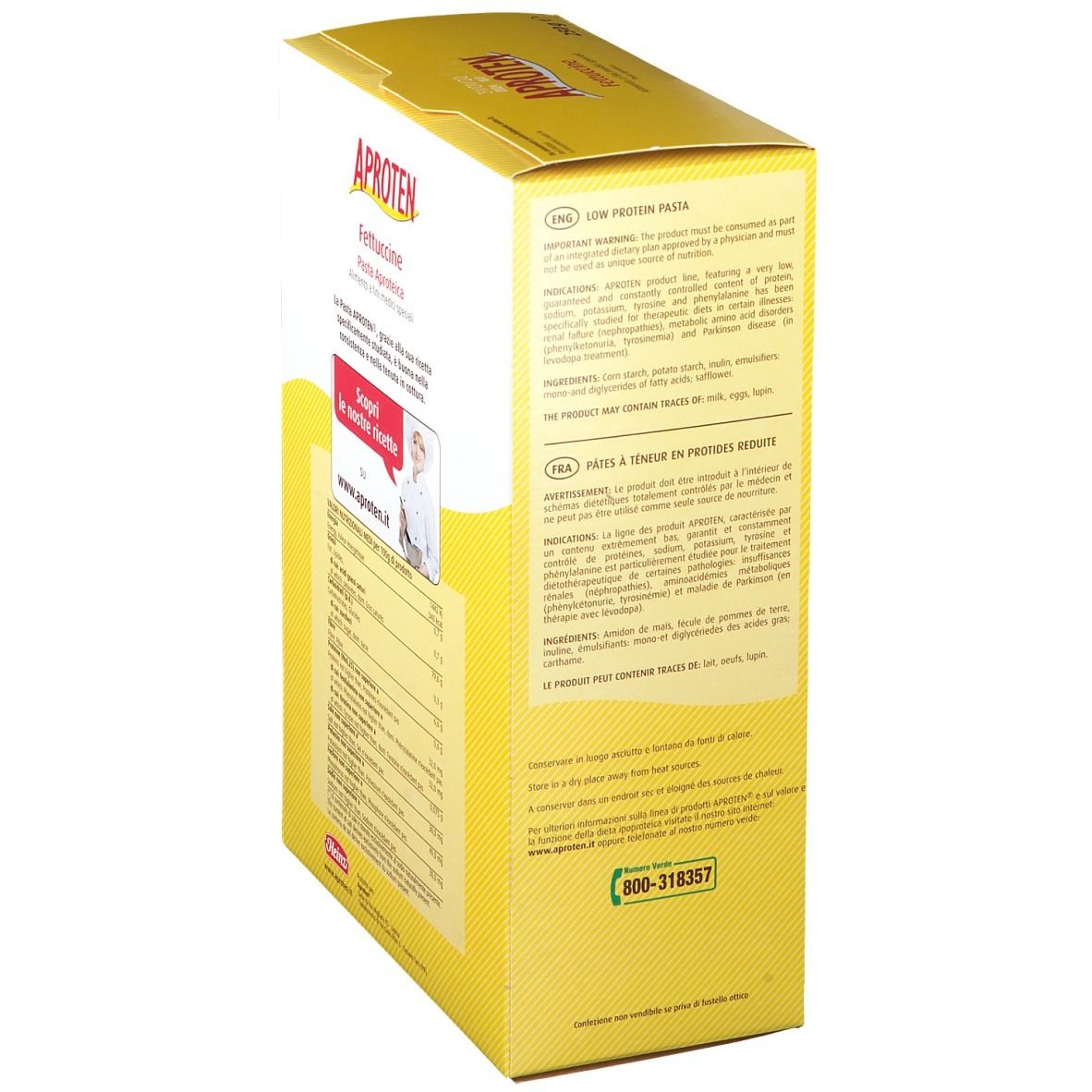 Gelbe Kartonverpackung mit APROTEN Fettuccine. Text: 'Ohne Proteine'. Produktinformationen und Nährwertangaben.