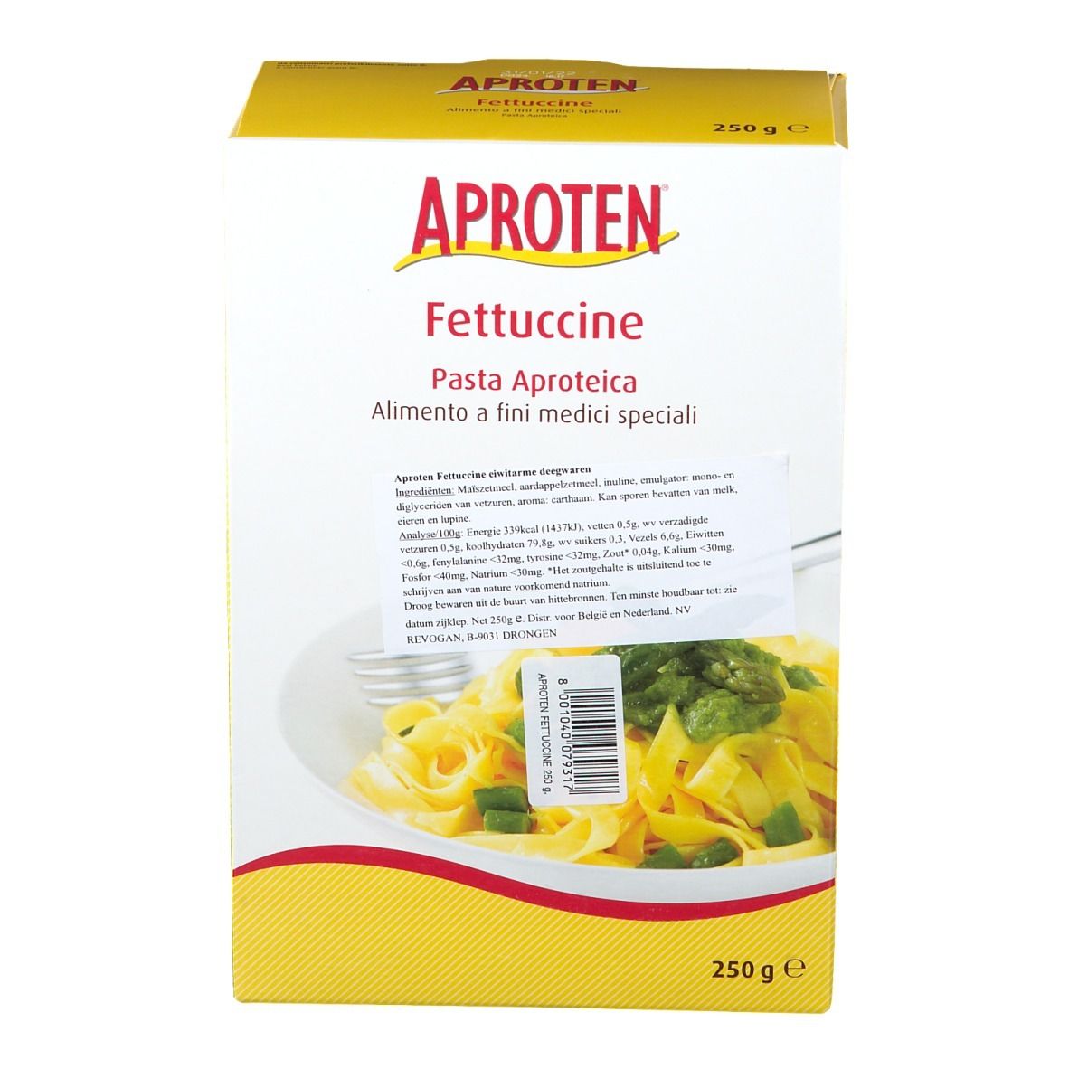 Vorderseite der gelben Kartonverpackung mit APROTEN Fettuccine. Produktname, Nährwertangaben und Abbildung von Nudeln.