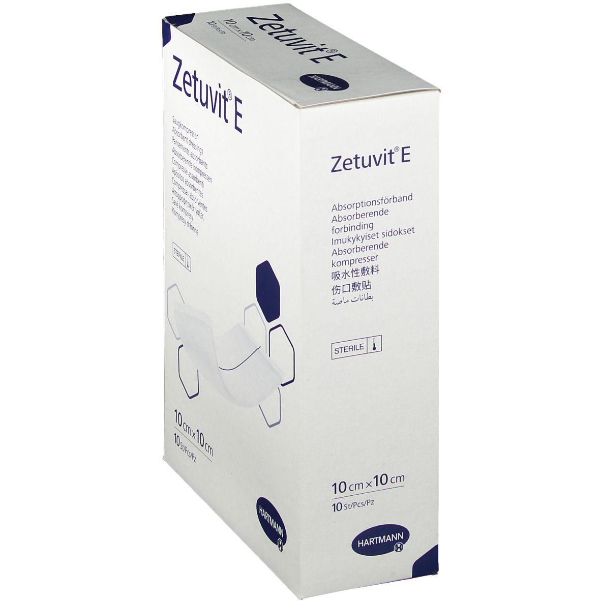 Schuine verpakking Zetuvit® E. Absorberend verband, 10 x 10 cm, steriel. Merk Hartmann.