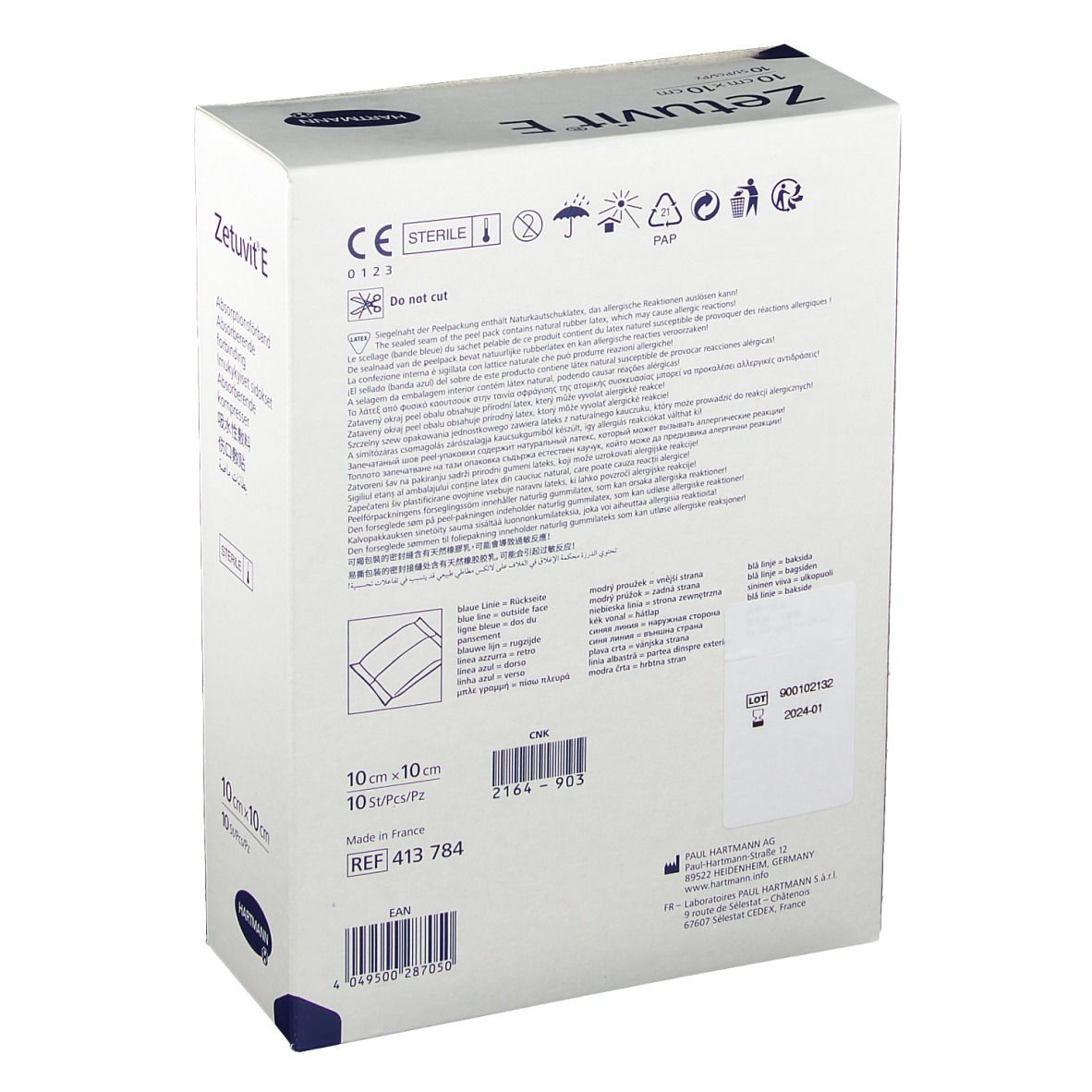 Achterkant Zetuvit® E verpakking. Informatie, CE-markering, lotnummer, ref. 413 784.
