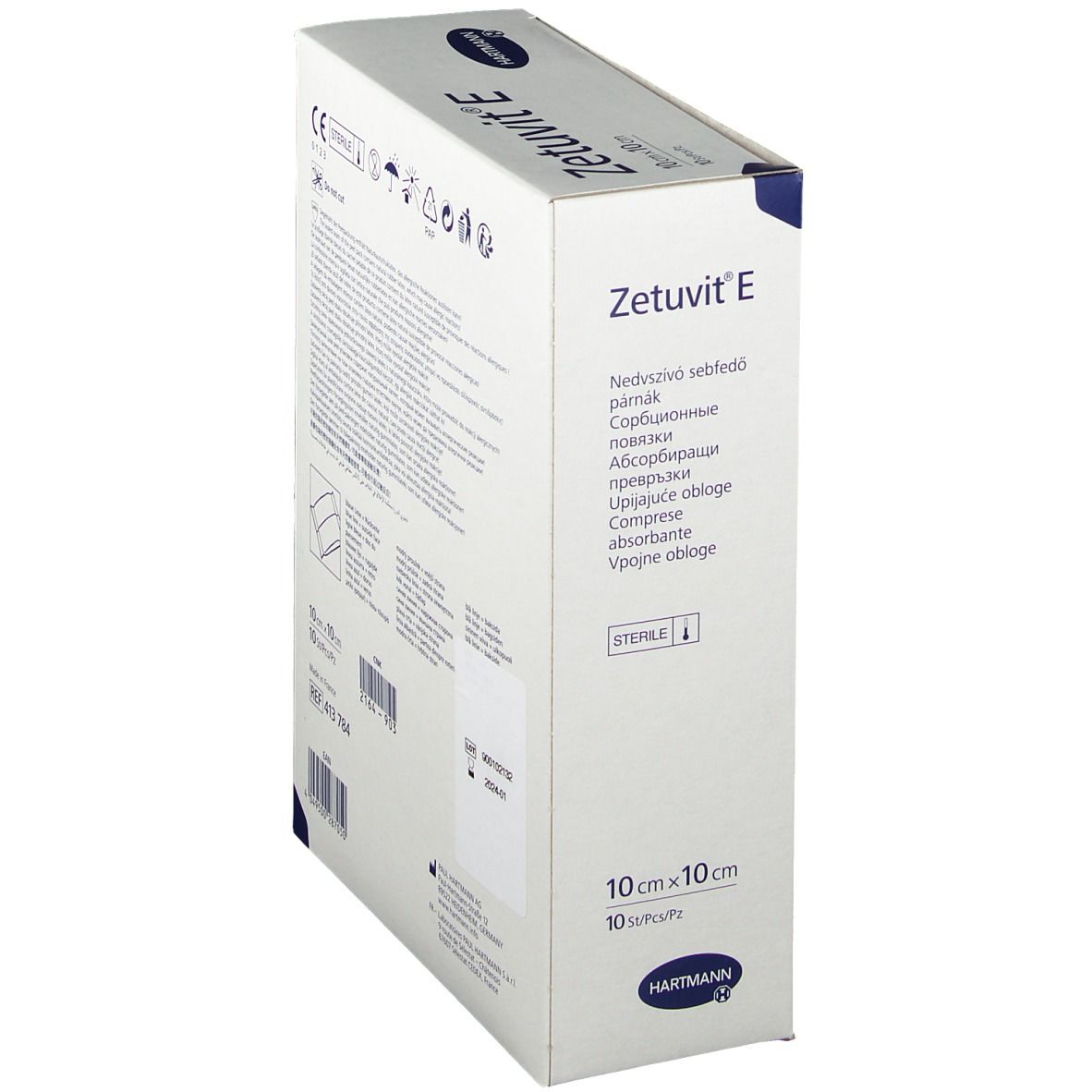 Schuine verpakking Zetuvit® E. Absorberende kompressen, 10 x 10 cm, steriel. Merk Hartmann.