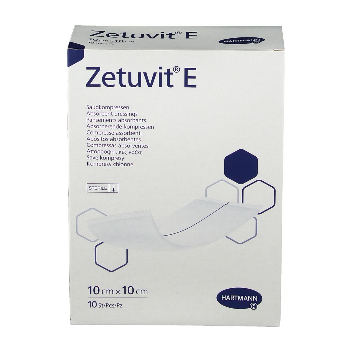 Verpakking Zetuvit® E absorberende kompressen, 10 x 10 cm, steriel. Bevat 10 stuks. Merk Hartmann.