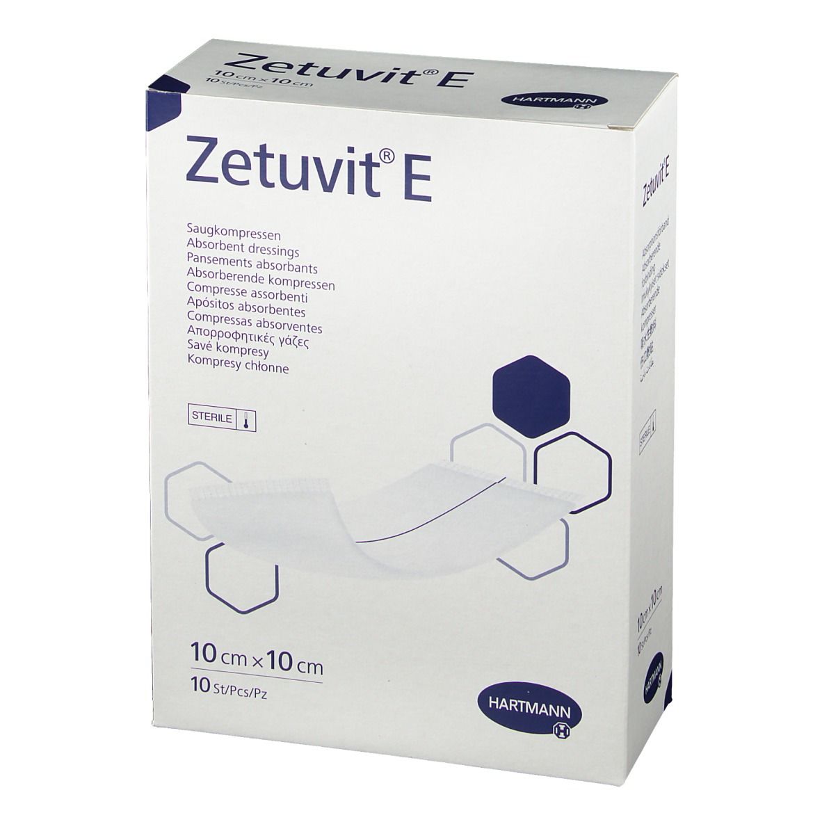 Verpakking Zetuvit® E absorberende kompressen, 10 x 10 cm, steriel. Bevat 10 stuks. Merk Hartmann.