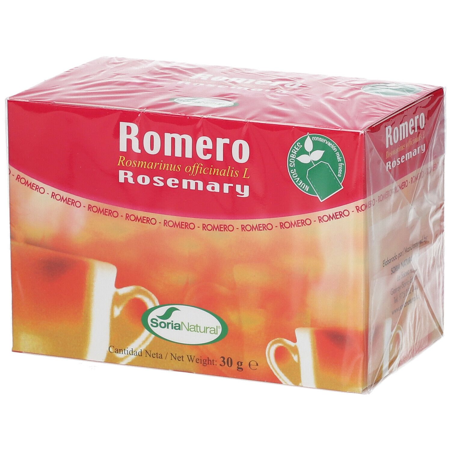Verpakking Romero Rosemary. Soria Natural logo. 30g. Groen-witte theezakjes afbeelding.