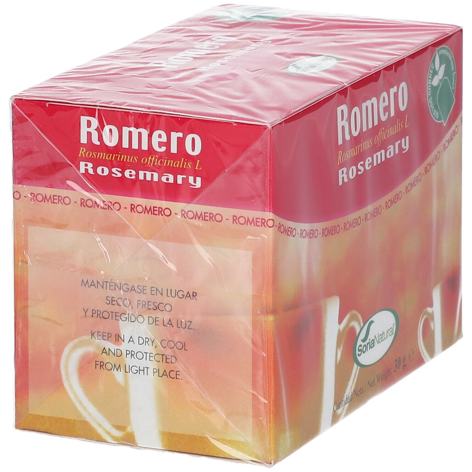 Verpakking Romero Rosemary. Tekst: Koel en droog bewaren. Soria Natural logo. 30g.