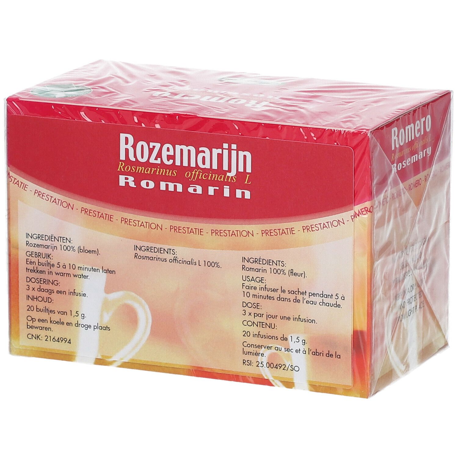 Verpakking Rozemarijn Romarin. Tekst: Ingrediënten, gebruik, dosering. 20 zakjes. CNK 2164994.