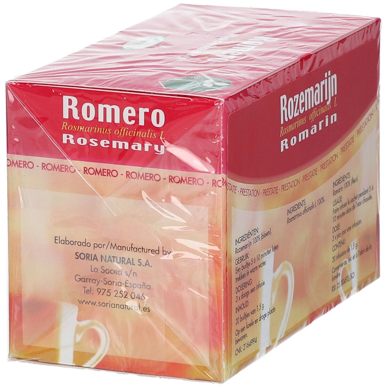 Verpakking Rozemarijn Romarin. Tekst: Fabrikant Soria Natural. Ingrediënten, gebruik, dosering. 20 zakjes.