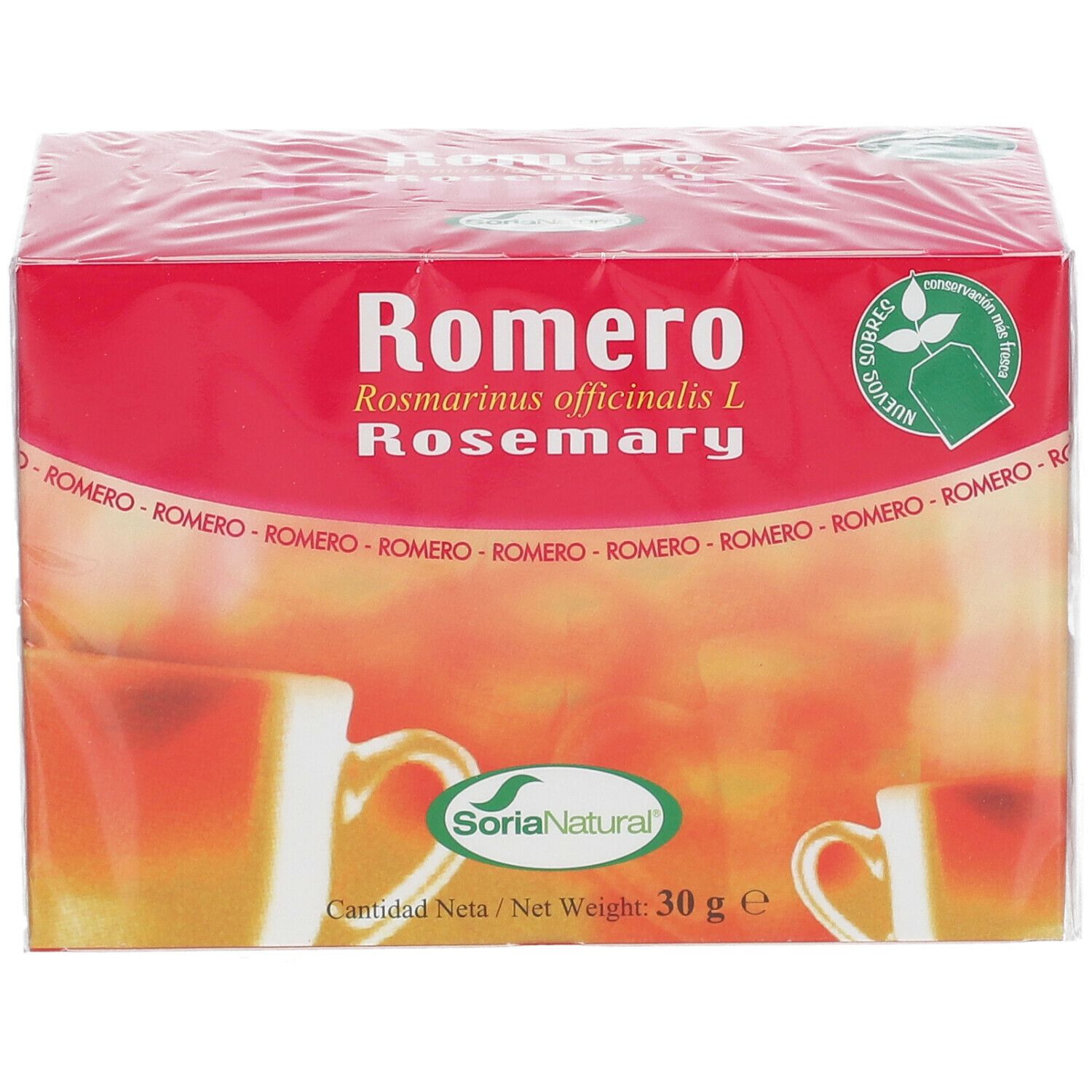 Verpakking Romero Rosemary. Soria Natural logo. 30g. Groen-witte theezakjes afbeelding.