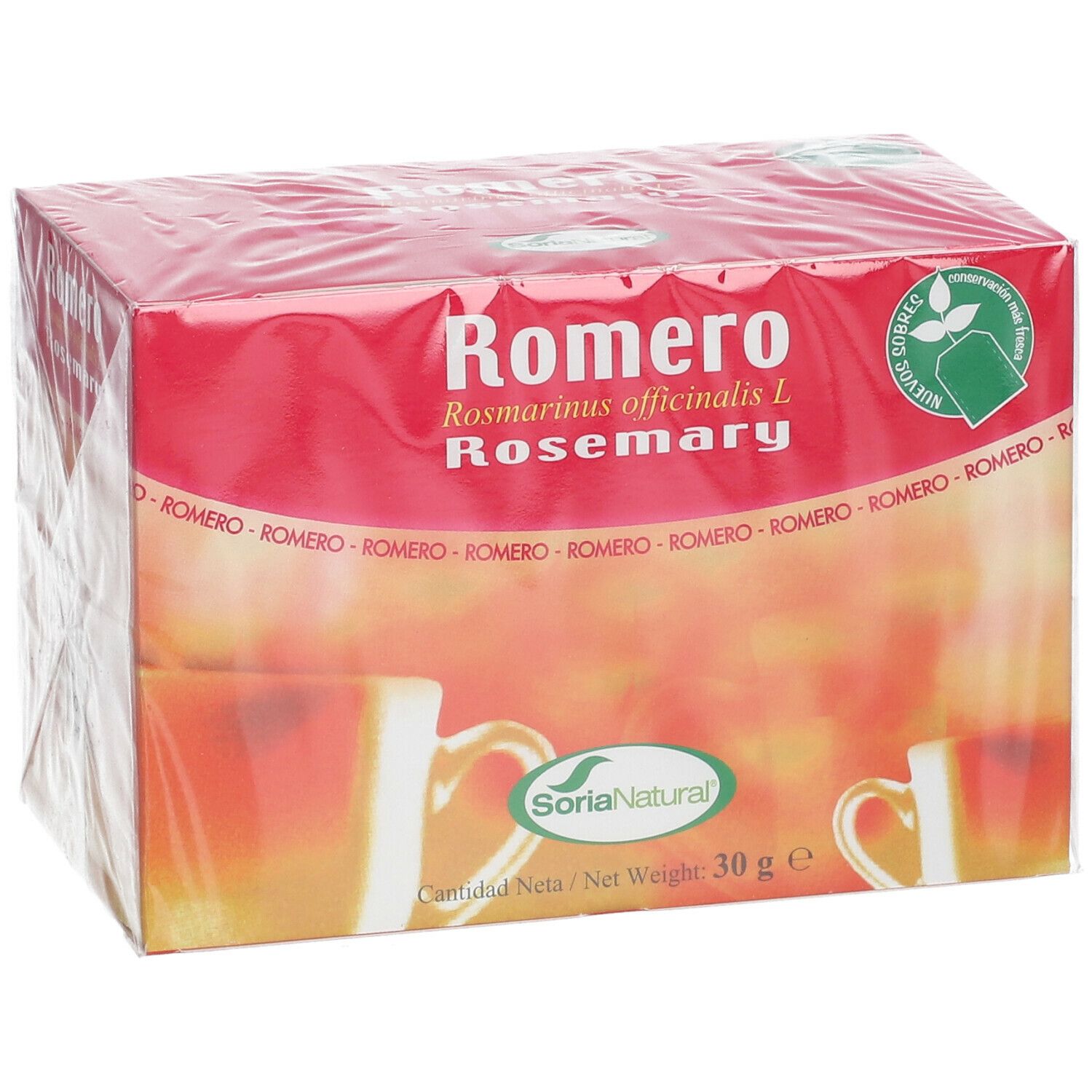 Verpakking Romero Rosemary. Soria Natural logo. 30g. Groen-witte theezakjes afbeelding.