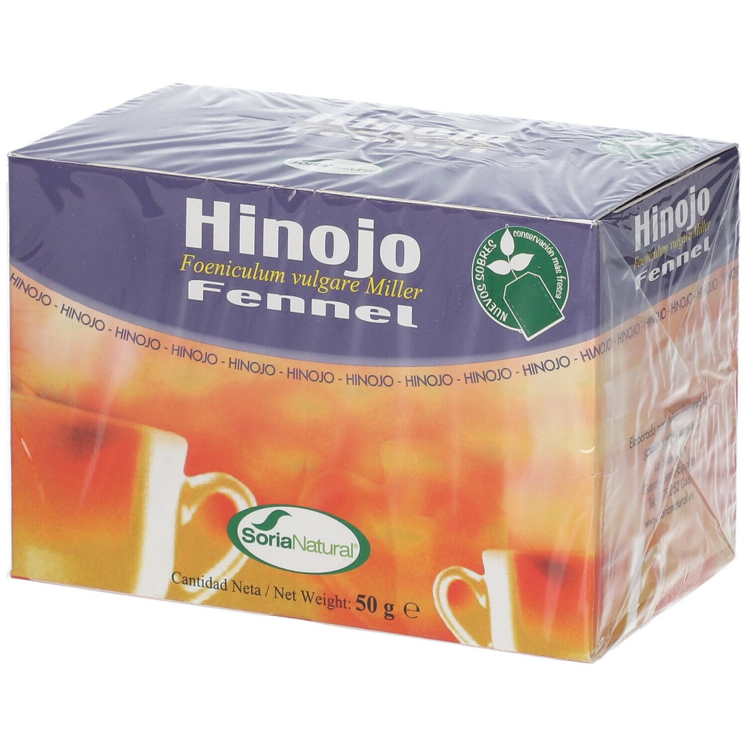 Boîte "Hinojo Fennel" de Soria Natural, 50 g. Emballage plastique transparent. Visuel de tasses.