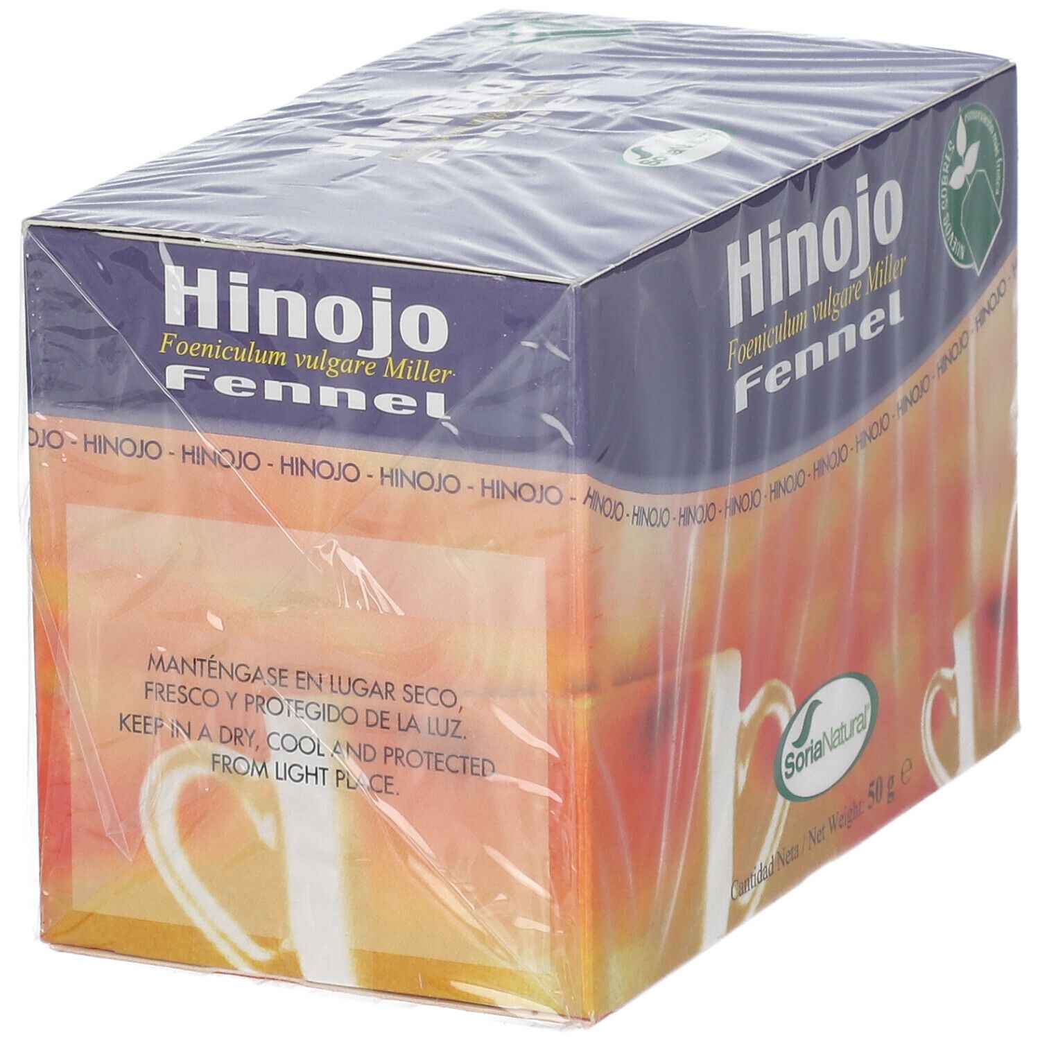Boîte "Hinojo Fennel" Soria Natural, 50 g. Texte espagnol. Emballage plastique.