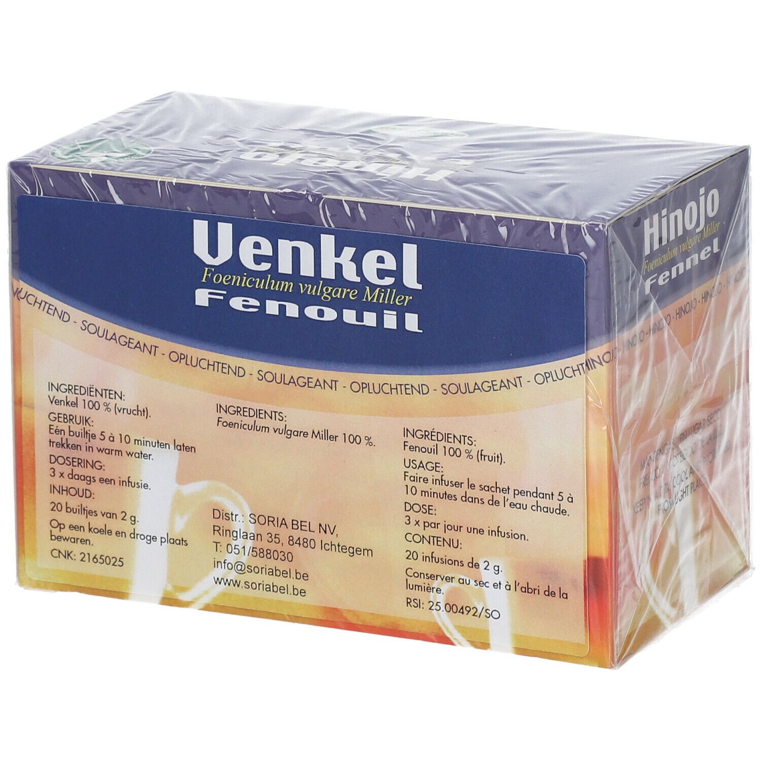 Boîte "Venkel Fenouil", textes en néerlandais et français. 20 sachets. Soria Natural.