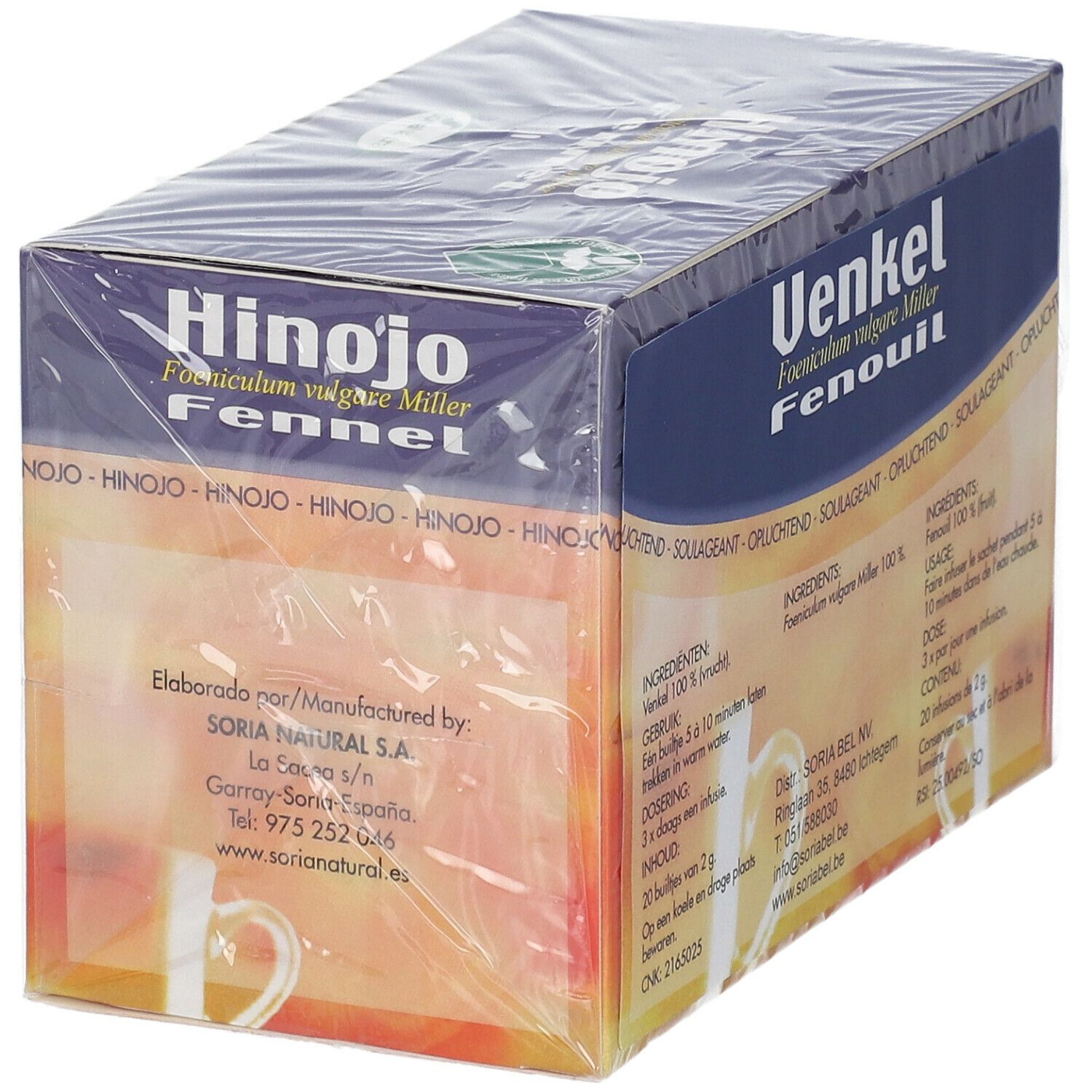 Boîte "Venkel Fenouil", textes en néerlandais et français. Soria Natural.