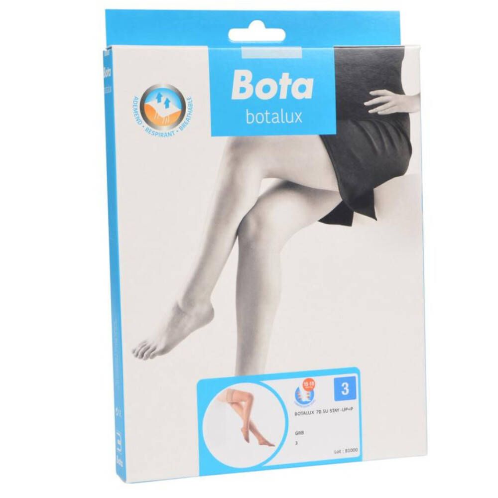 Emballage de bas Bota Botalux. Illustration de jambes. Nom du produit et taille visibles sur l'emballage.