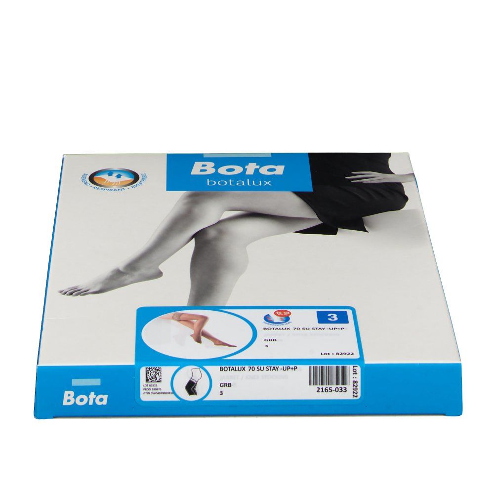 Emballage de bas Bota Botalux. Nom du produit et taille sur l'emballage. Illustration de jambes.