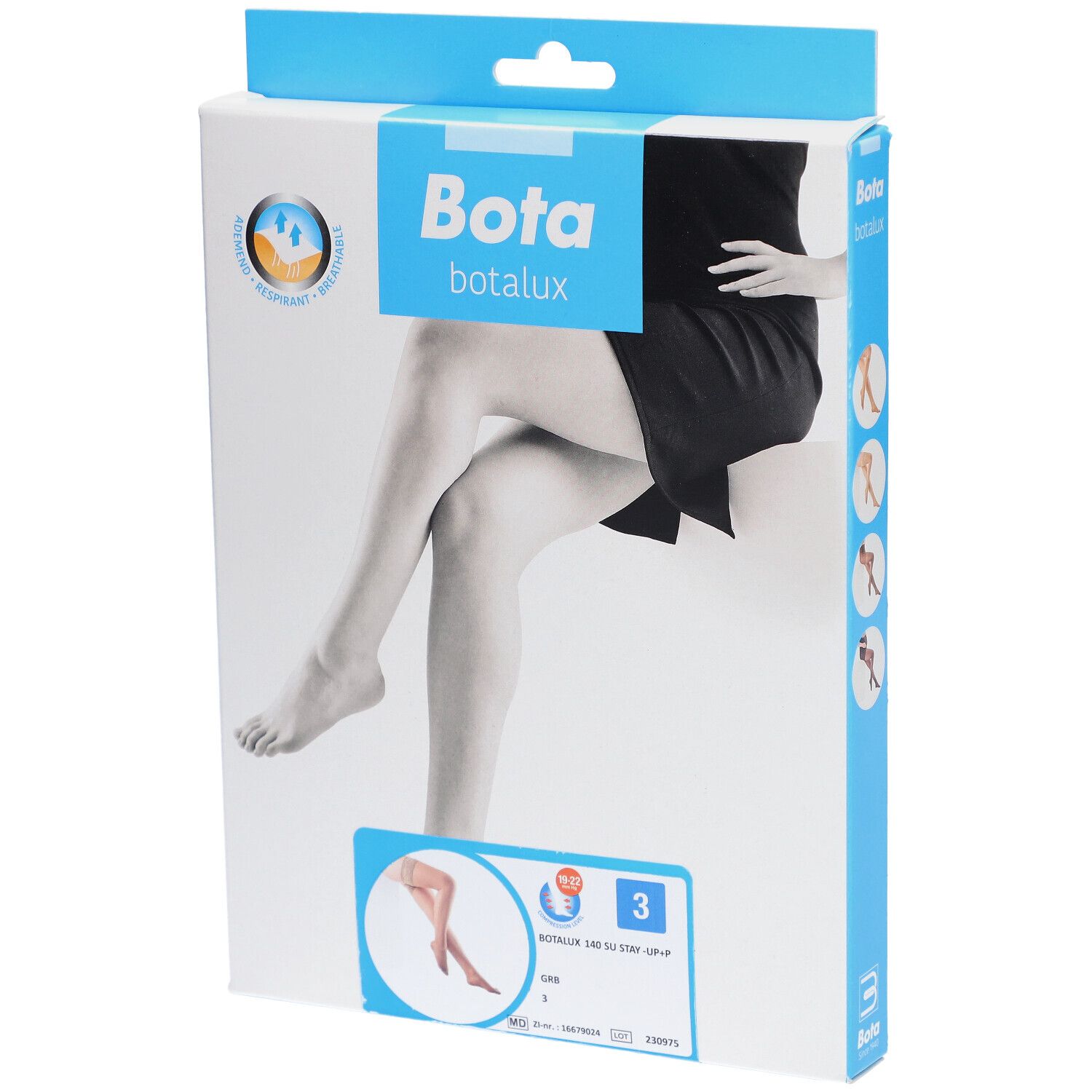 Emballage Bota Botalux. Image d'une femme portant des bas. Nom du produit et taille visibles.