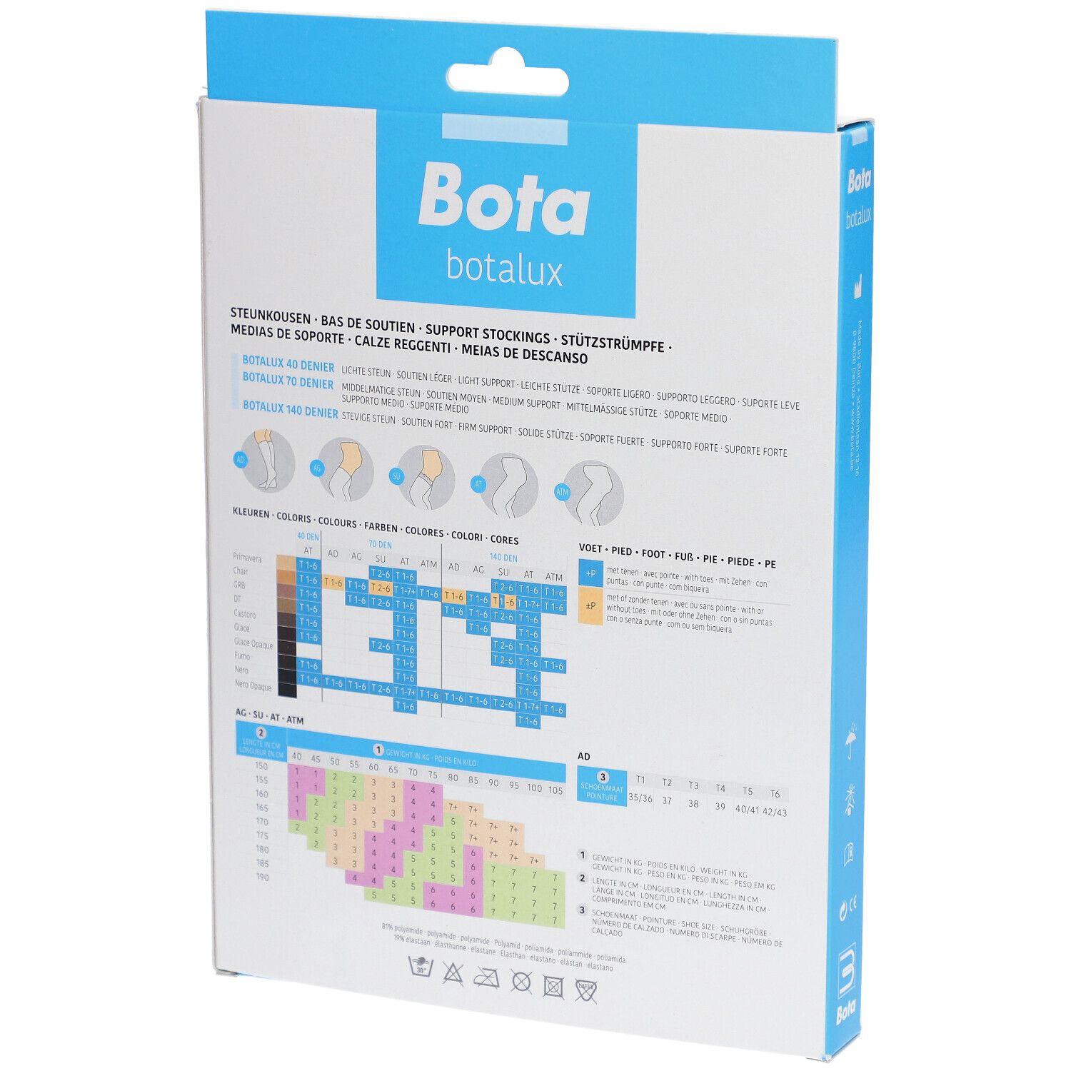 Dos de l'emballage Bota Botalux. Tableau des tailles, informations et icônes du produit.