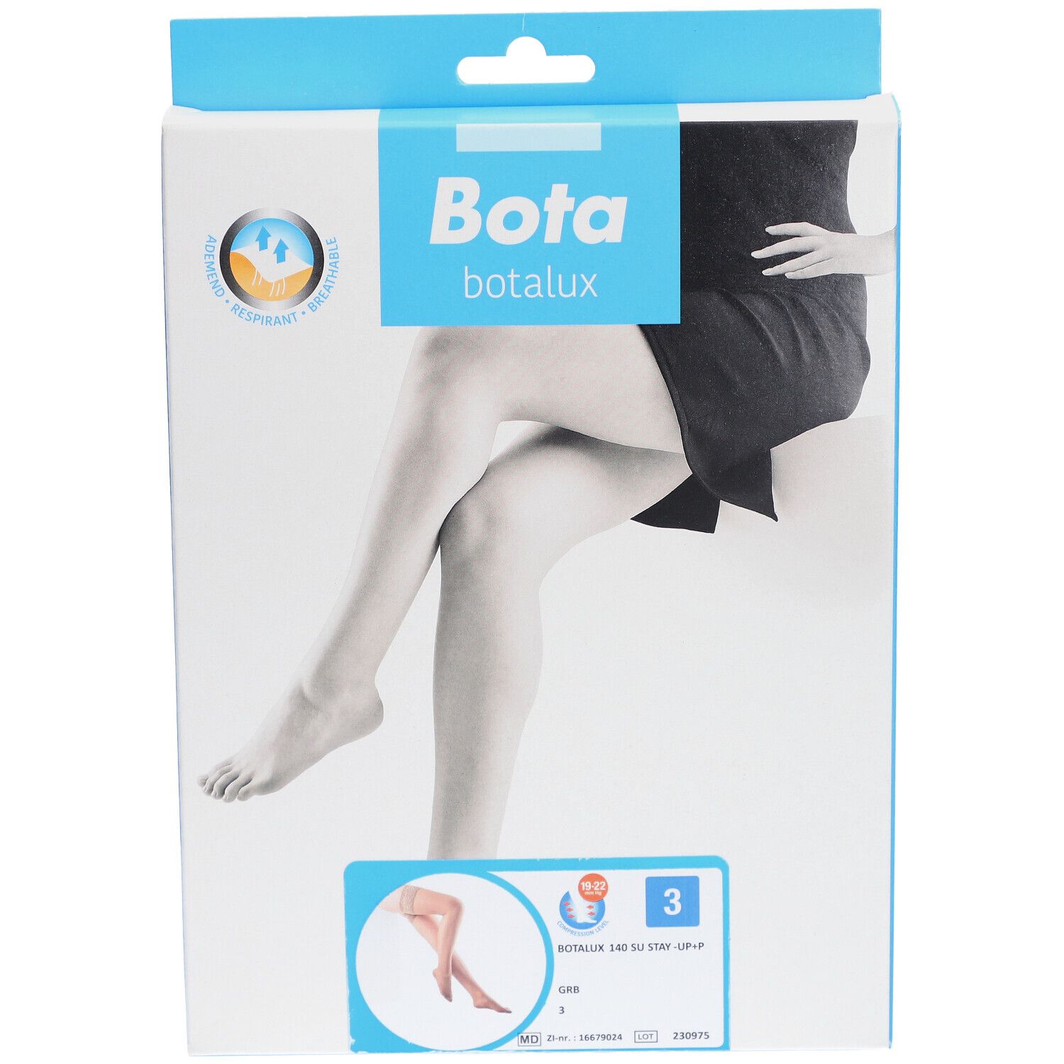 Emballage Bota Botalux. Femme portant des bas. Nom du produit, taille et logo.