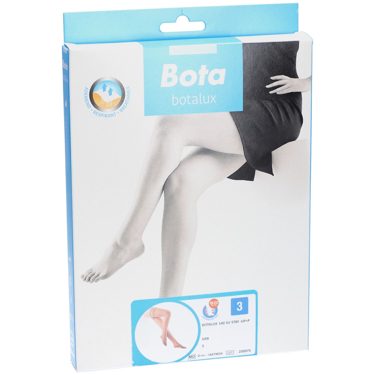 Emballage Bota Botalux. Femme portant des bas. Nom du produit, taille et logo.