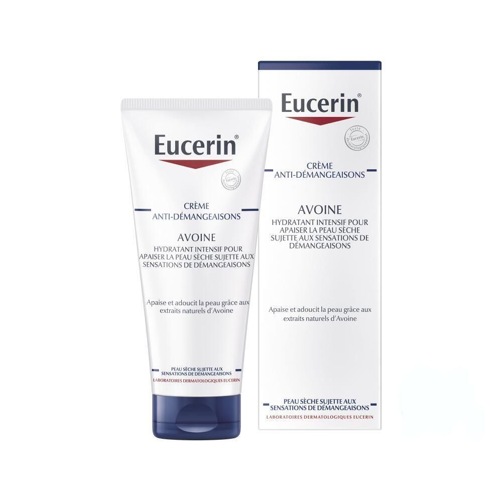 Tube et boîte de crème Eucerin. Crème anti-démangeaisons pour peaux sèches. Avec extrait d'avoine.