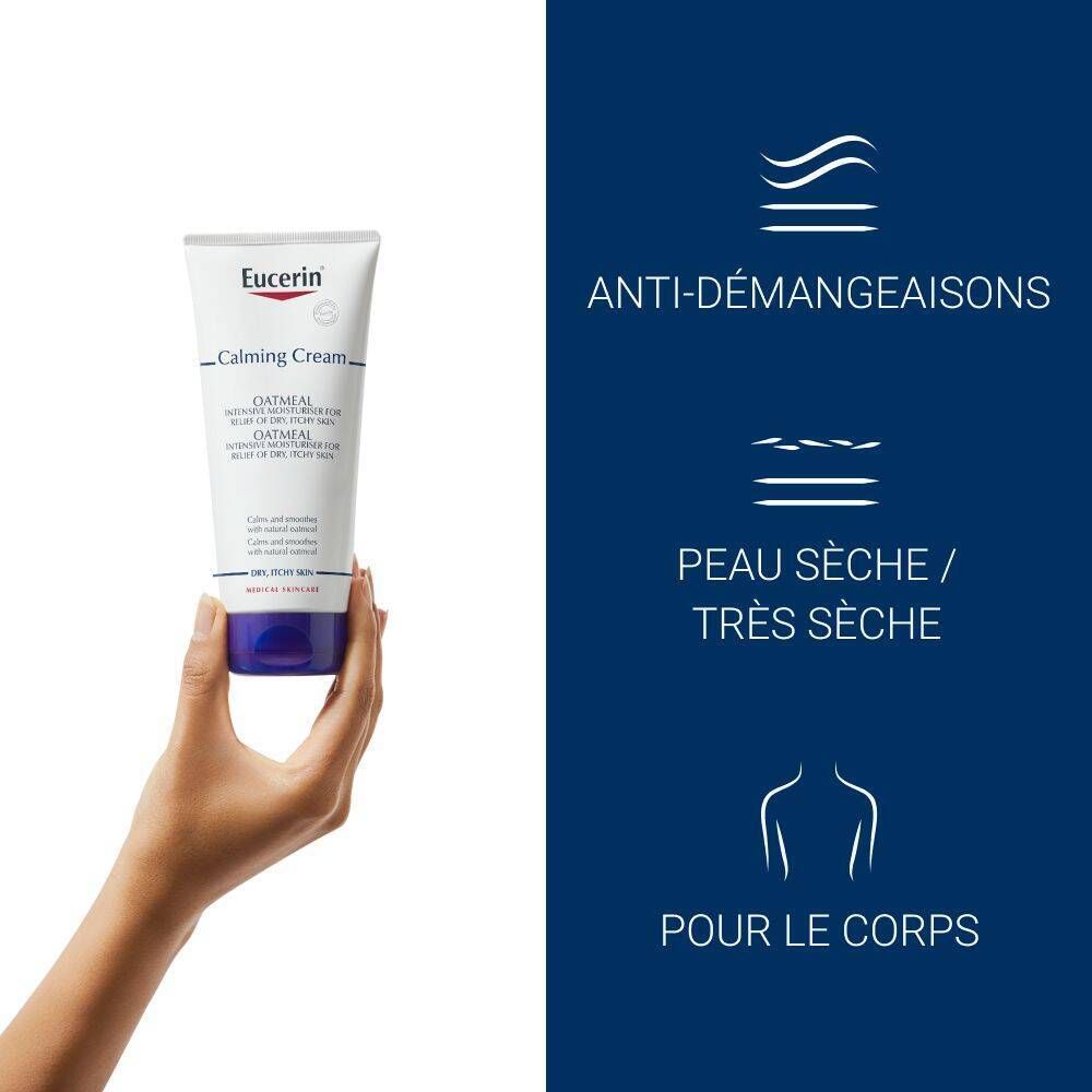 Main tenant un tube de crème apaisante Eucerin. Texte : Anti-démangeaisons, peau sèche/très sèche, pour le corps.