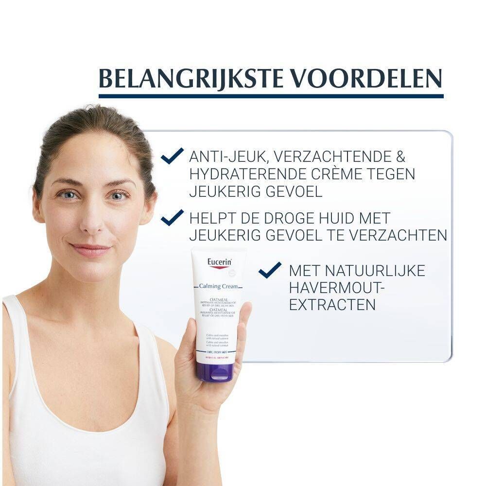Vrouw houdt Eucerin Calming Cream vast. Tekst: Anti-jeuk, verzacht, hydrateert. Helpt droge huid.