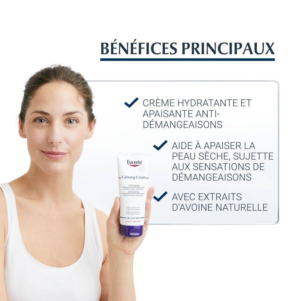 Femme tenant la crème Eucerin. Texte : Crème anti-démangeaisons, apaise la peau sèche, avec extrait d'avoine.