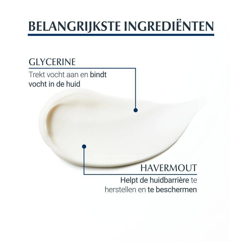 Close-up van crème uitgesmeerd. Tekst: Glycerine trekt vocht aan. Havermeel helpt de huidbarrière te beschermen.