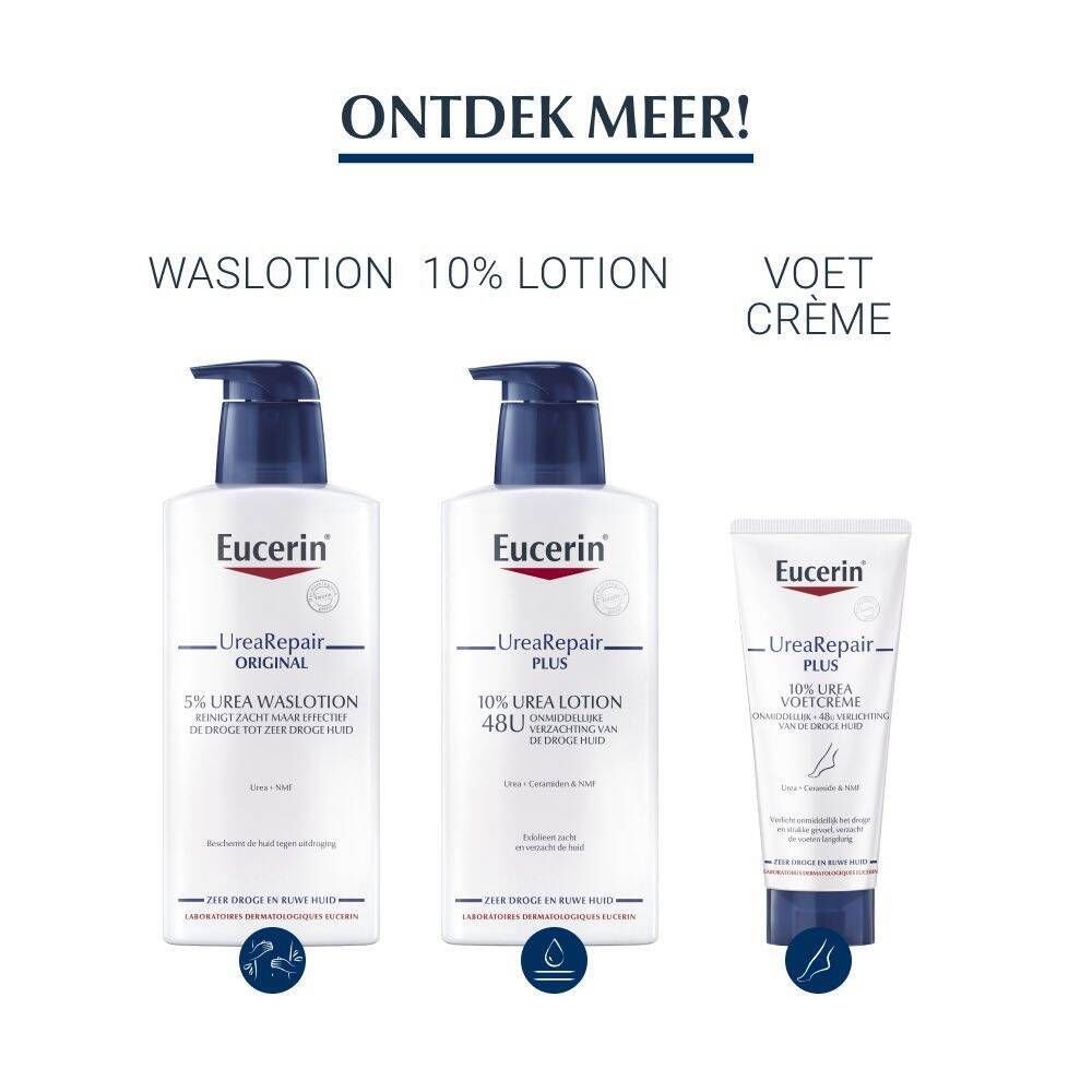 Eucerin producten: Waslotion, lotion, voetcrème. Allemaal met blauwe doppen en witte flacons/tubes.